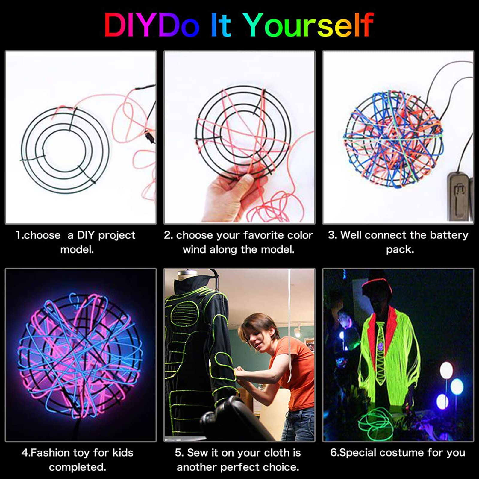 lychee EL Wire Neon Light 15ft Yellow Strobing Electroluminescent with Battery Pack for Parties, Halloween Decoration