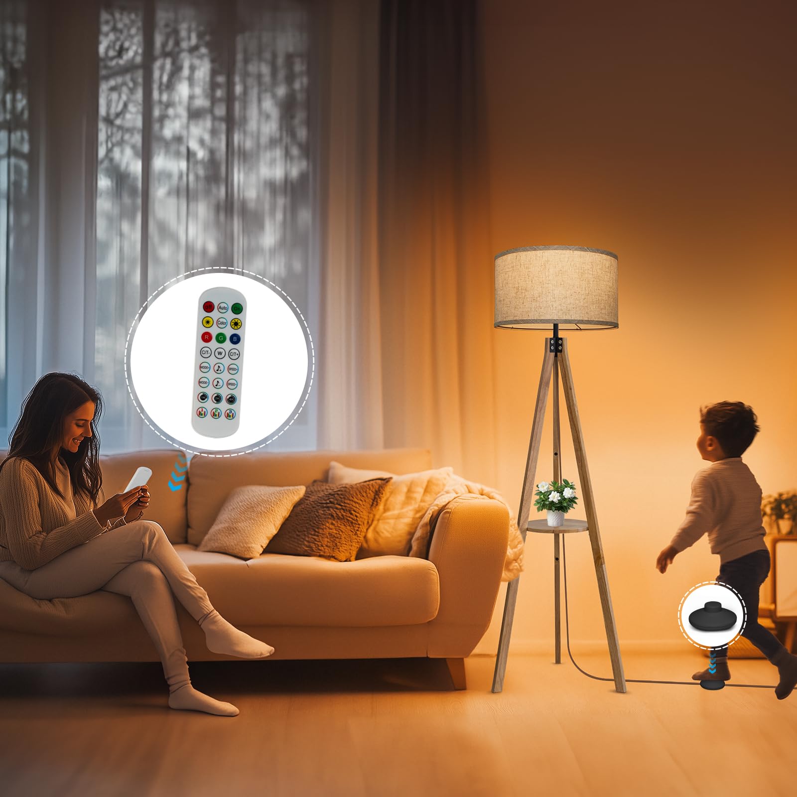 EOEYYOYB Modern Floor Lamp with Shelf, 3 Color Temperatures, Metal, Burlywood, Square Table Legs