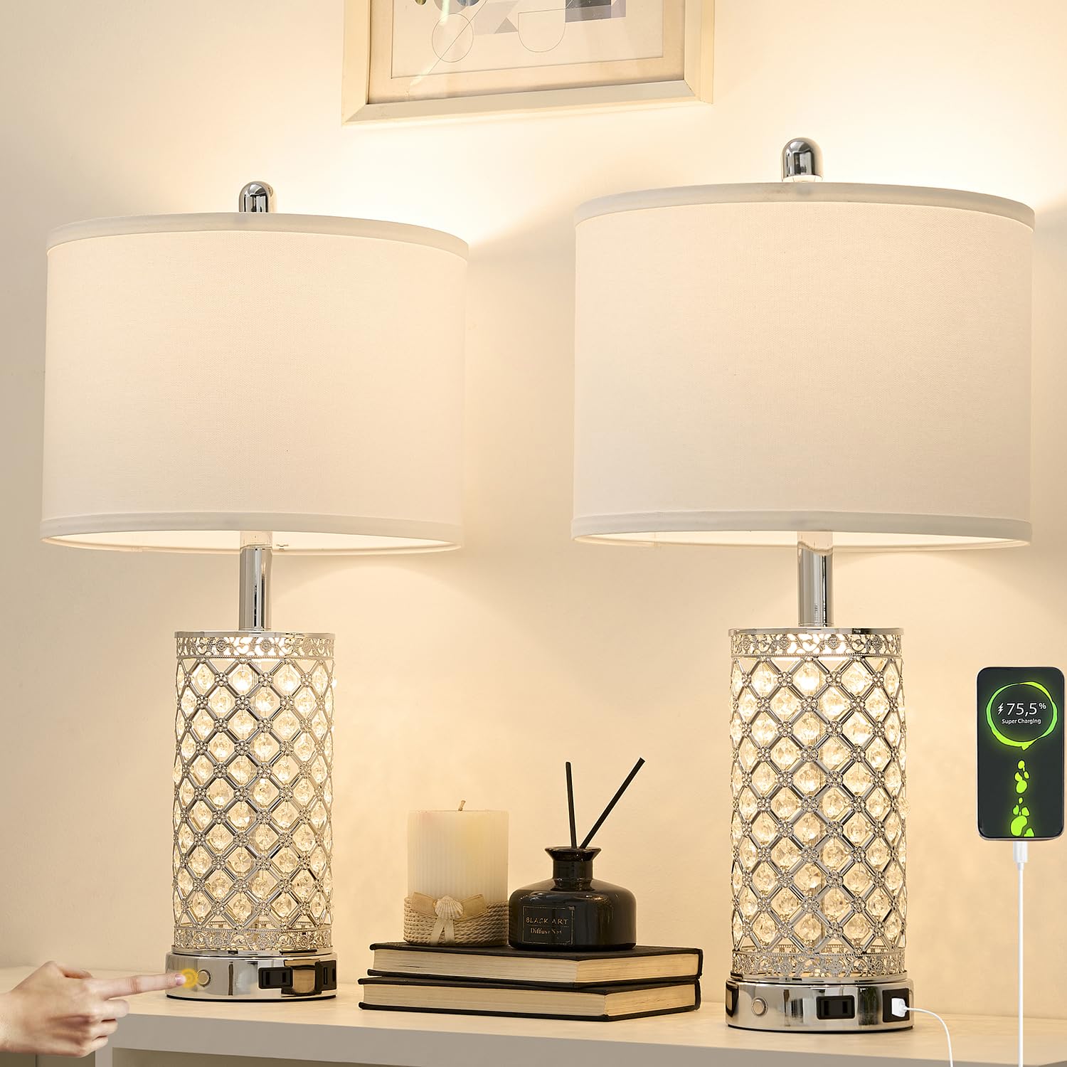 SAIWEYA Crystal Table Lamps Set of 2  3-Way Dimmable Bedside Lamp with 2 USB Ports & AC Outlets for Living Room Bedroom Nightstand Lamp Night Light (Silver- 2 Pack 24In)