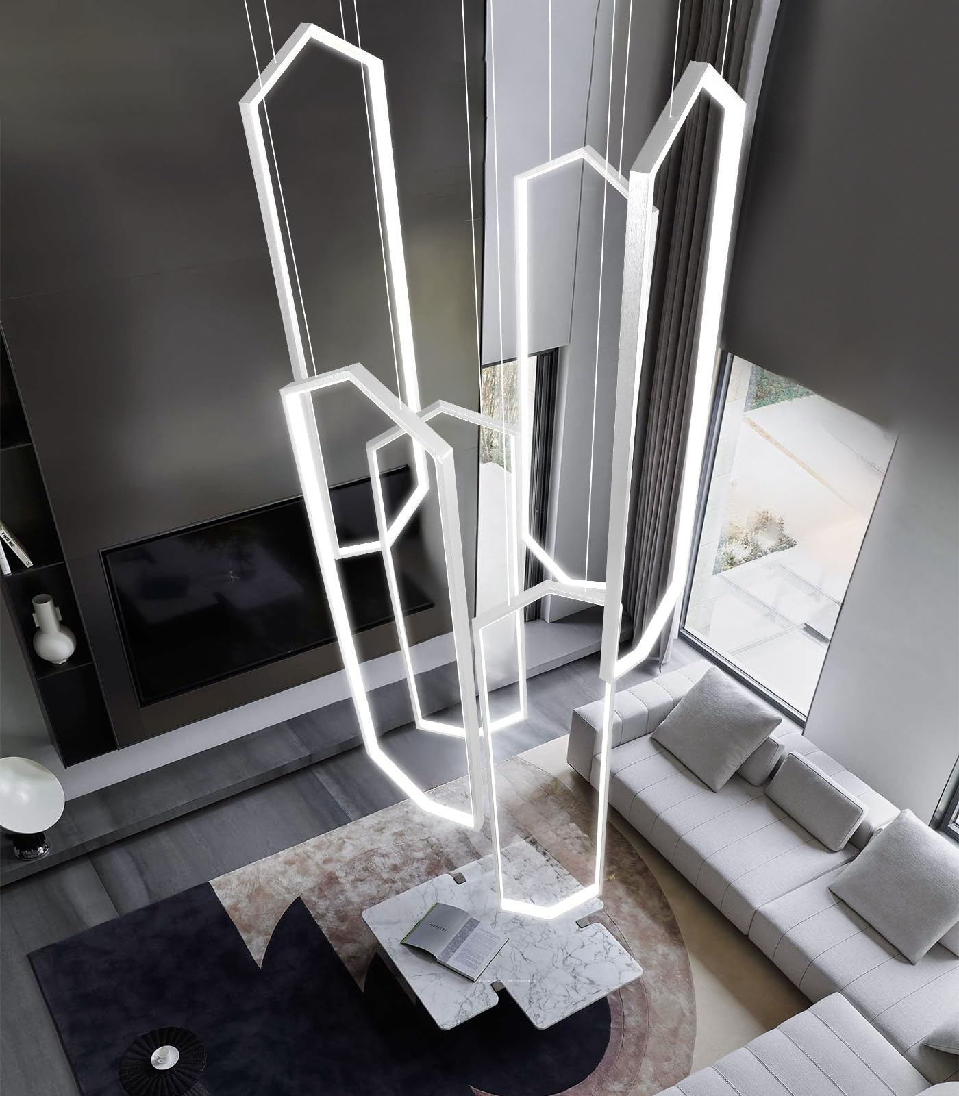 dolria 6 Rings Silver Modern Chandelier, Dimmable LED High Ceiling Light, 59in x 9.4in x 138in, Ideal for Living Room or Foyer