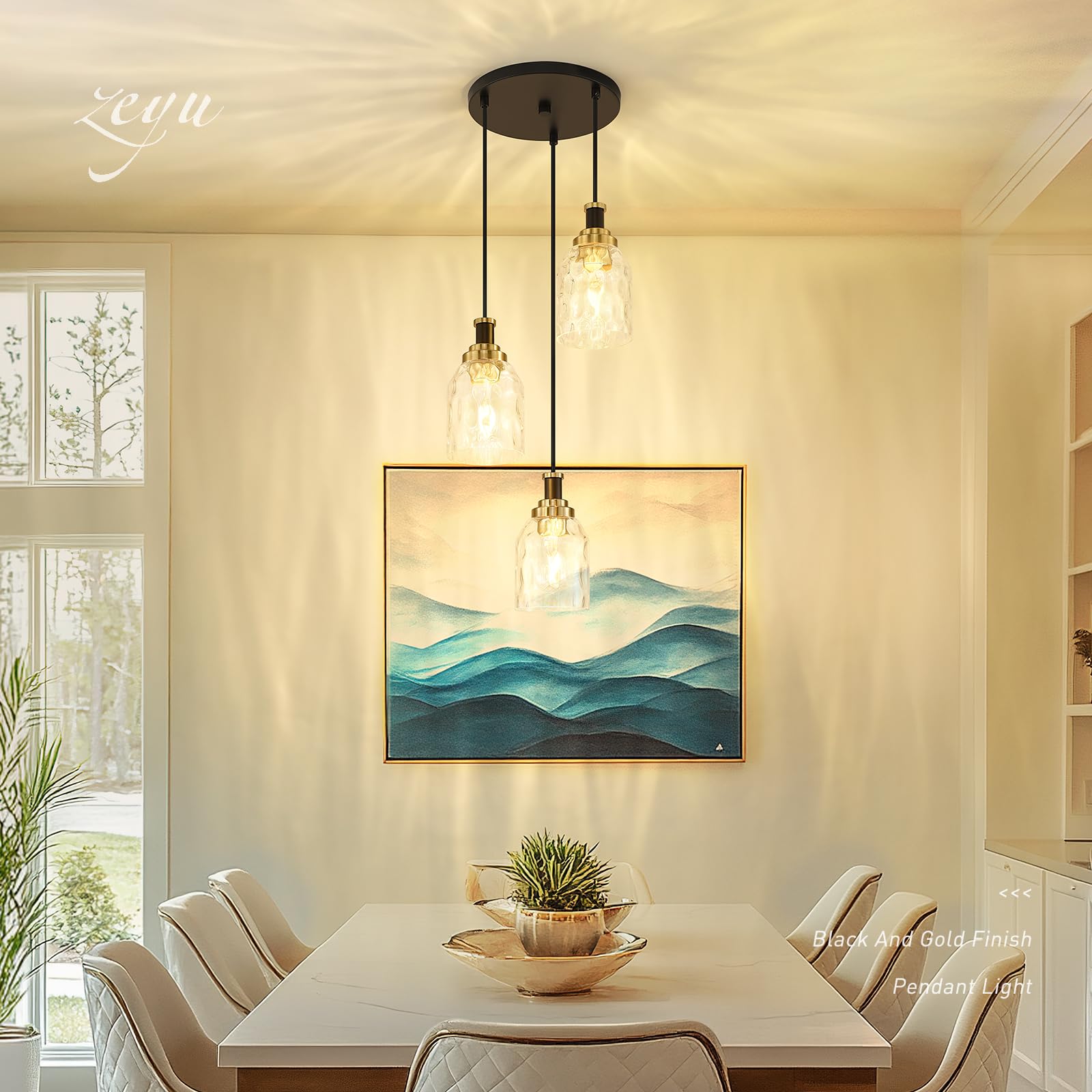 Zeyu Adjustable Modern Cluster Pendant Light For Kitchen Island, 3-Light Pendant Lighting, Black And Gold Finish With Water Ripp