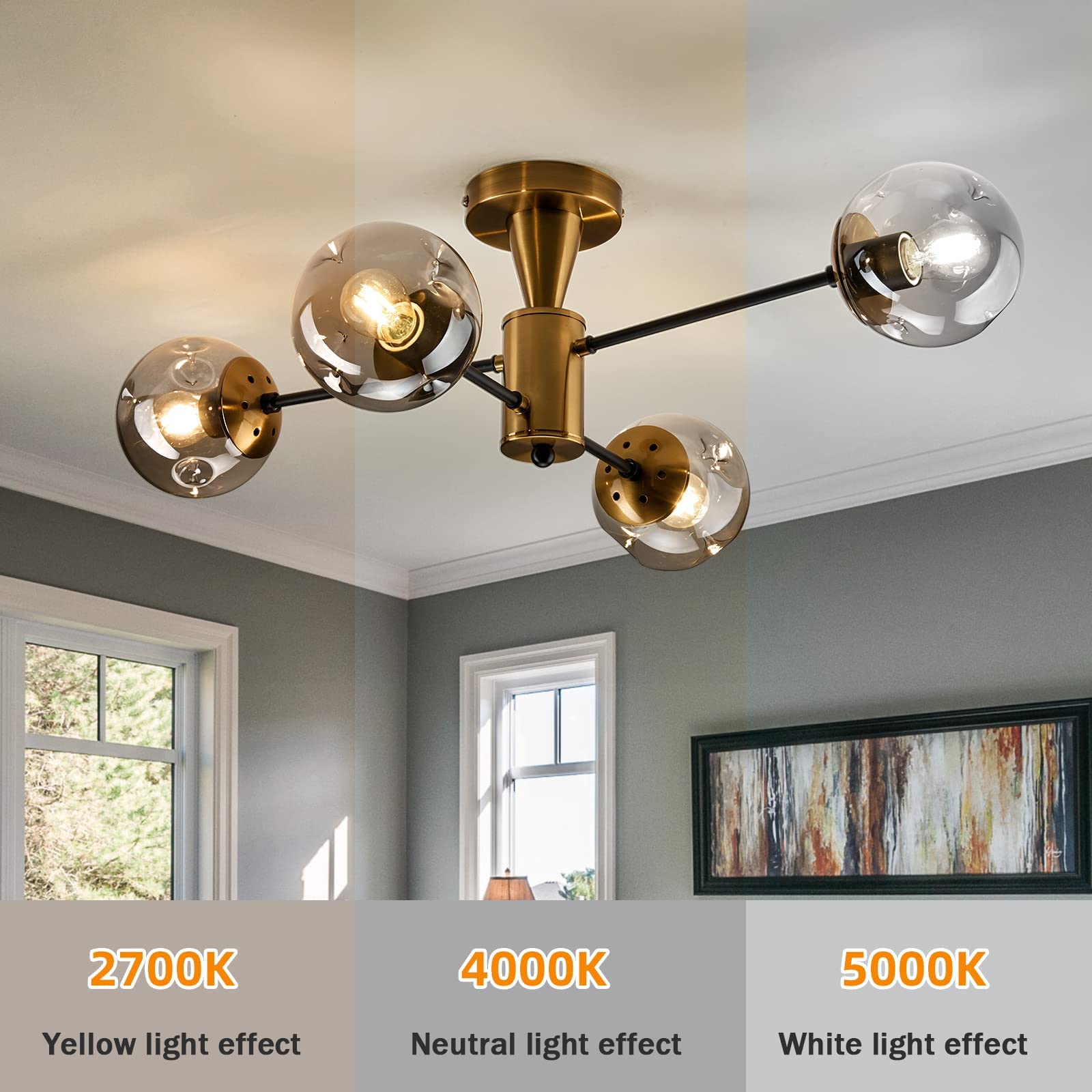 Hesoge Modern Semi Flush Mount Ceiling Light Fixture, 4-Light Gold Mid Century Chandelier With Glass Globe,Ceiling Lighting For