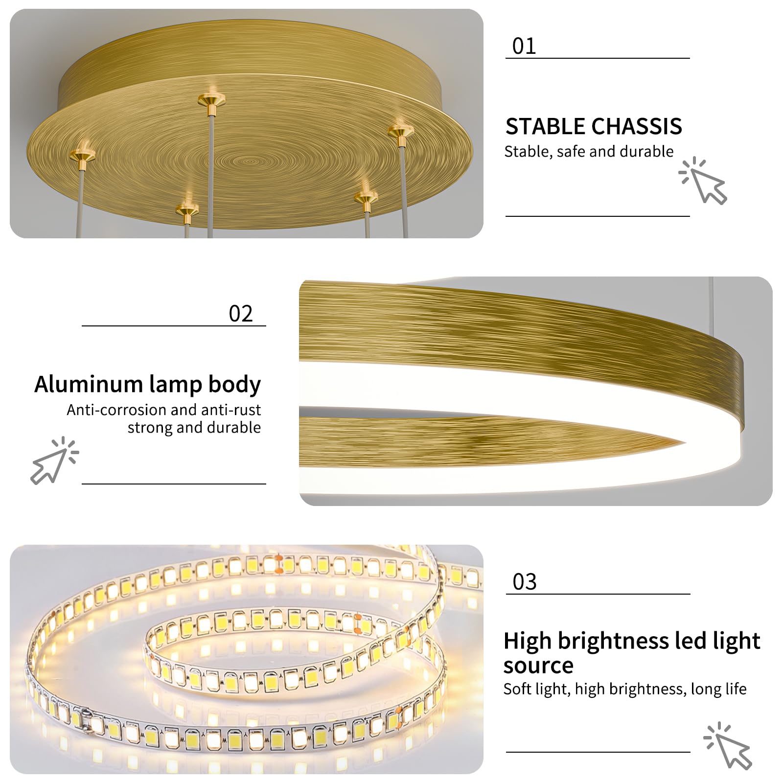 Mikeru LED Chandelier Light, 5 Rings, Remote Control, Adjustable 3000K-6500K, Aluminum, B-Black, Model DK-JS-346810, Sizes