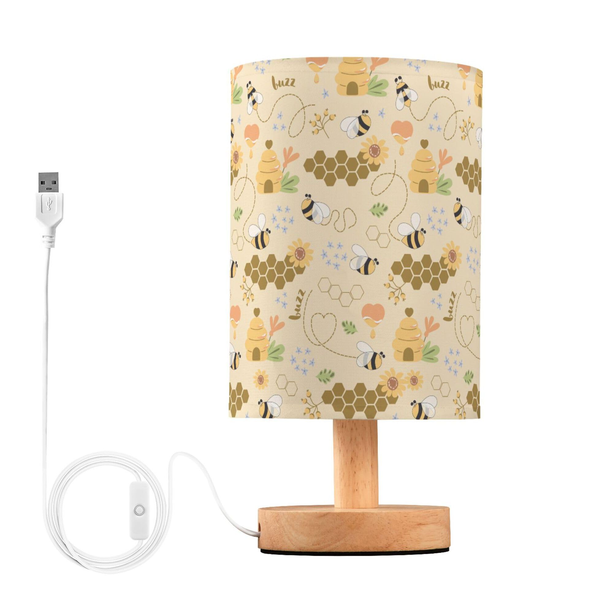YYZZH Table Lamp Cute Bee Honey Hive Flower Floral Honeycomb Pattern Nightstand Lamp with Wood Base Fabric Lamp Shade Bedside De