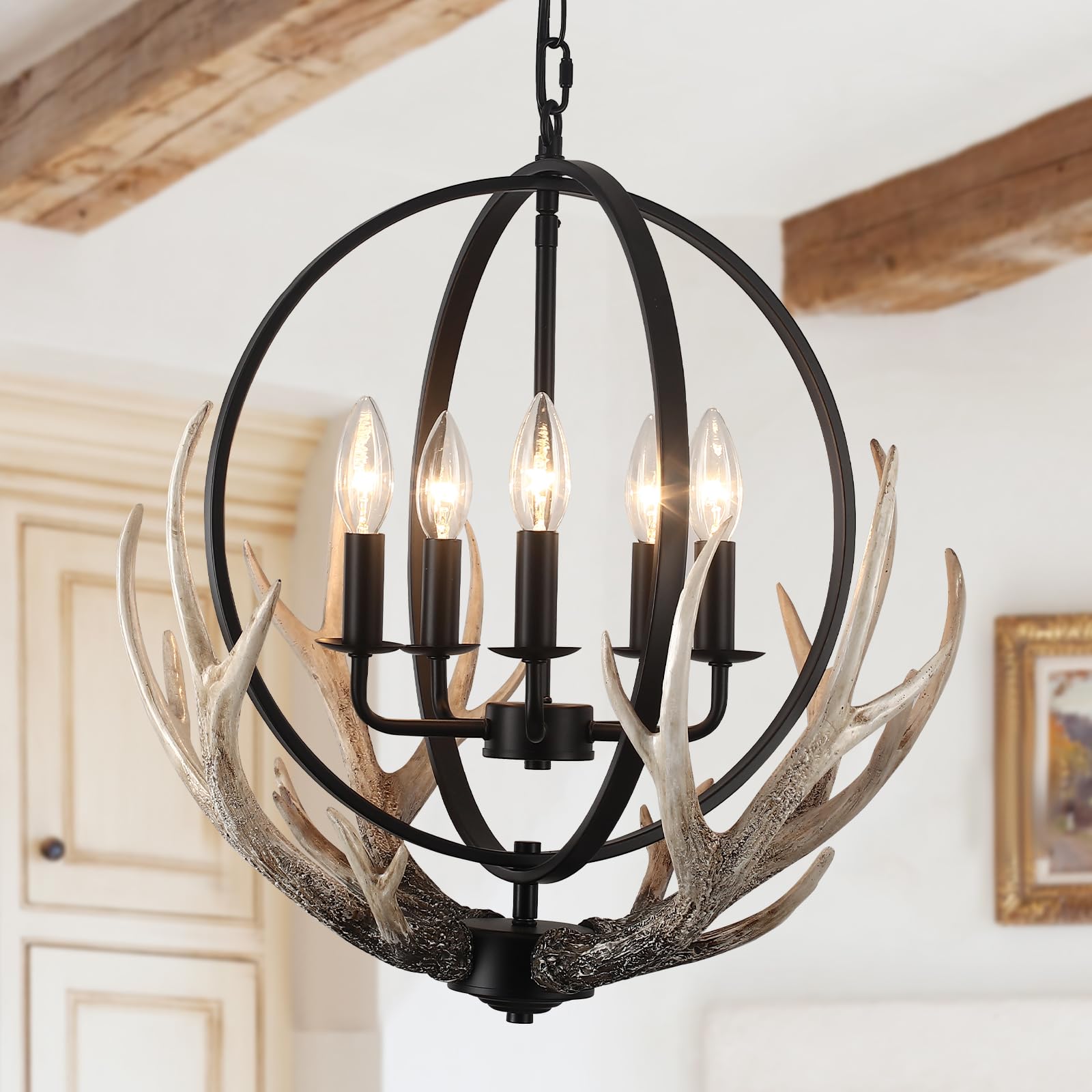 Puming 5-Light Black Chandelier For Dining Room 20'' Antler Farmhouse Chandeliers Rustic Vintage Pendant Light Fixture With 4 Re