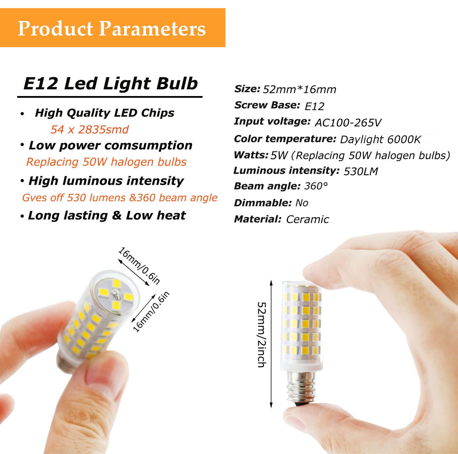 Greeogin C7 E12 Candelabra Led Light Bulbs 5W, Replace E12 50 Watt Halogen Equivalent, Daylight 6000K, E12 Led Bulbs For Ceiling