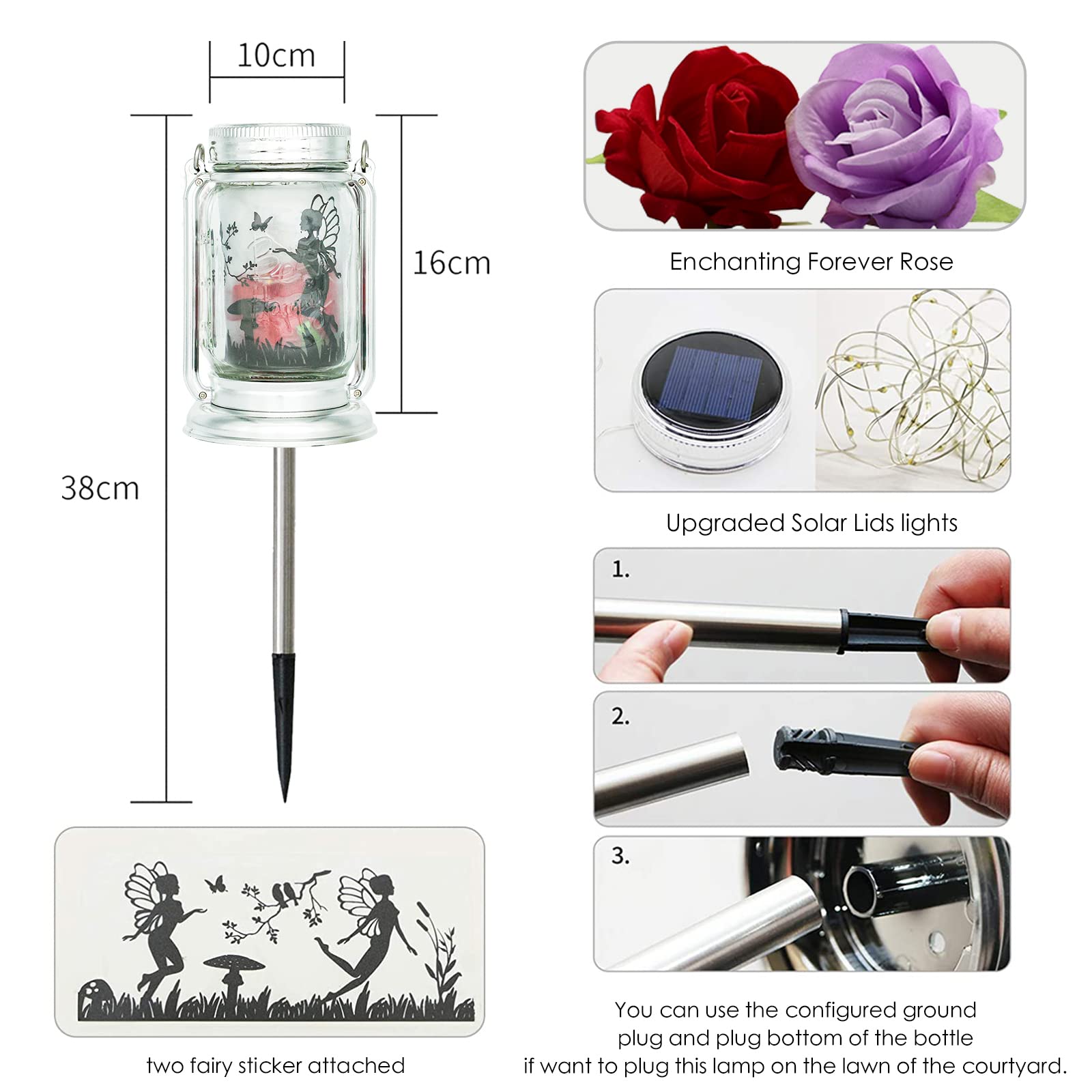 Angmln Romantic Rose In Glass Mason Jar Solar Powered - 2 Pack Enchanted Rose Gift For Her Light Up In Glass Lantern, Valentine'