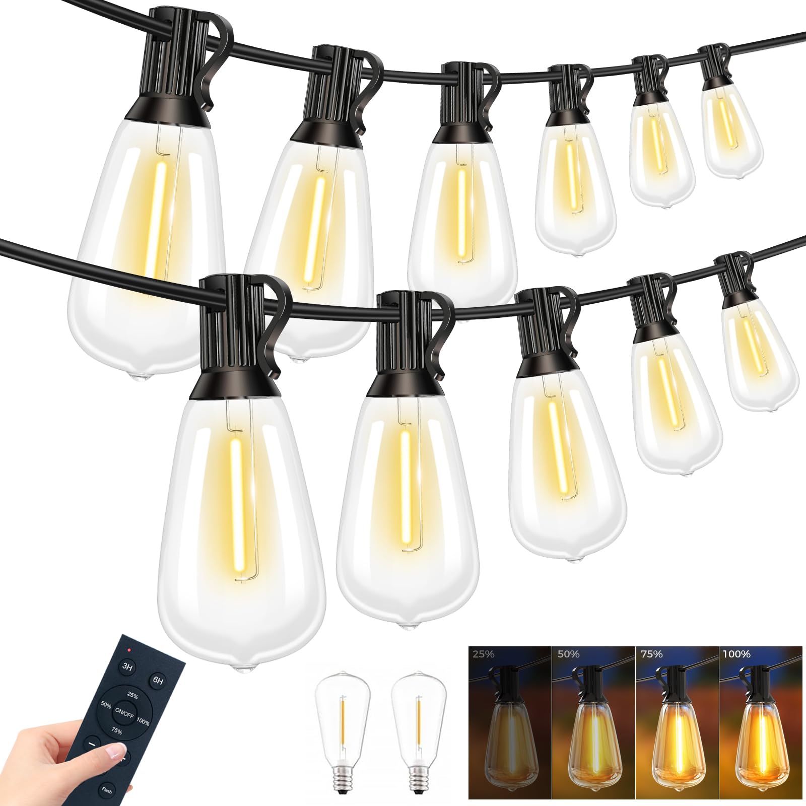 btfarm 100FT LED Outdoor String Lights Waterproof with Remote, Patio Lights with 32+2 ST38 Edison Bulbs, Hanging Lights for Outs
