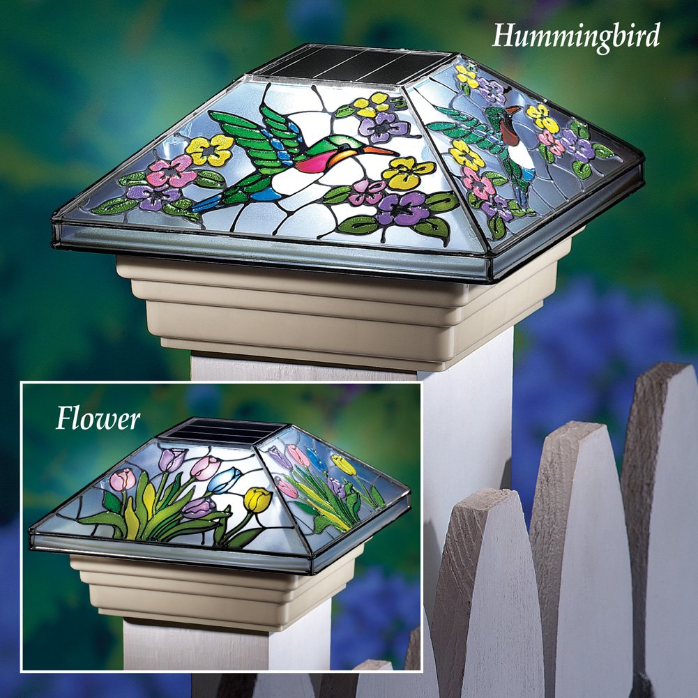 Collections Etc Spring Solar Fence Post Cap Light with Beautiful Colorful Flowers and Hummingbirds, Flower