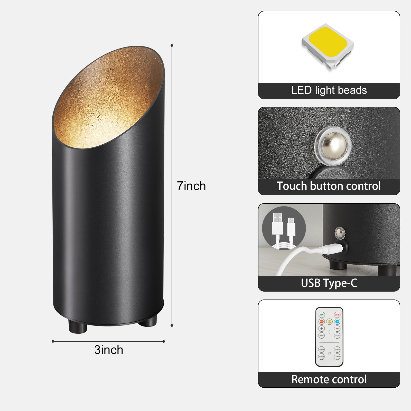 Powfloven 2 Pack Wireless Battery Operated Spotlights Indoor With Remote, Mini Black Cordless Rechargeable Floor Can Lights, Sma