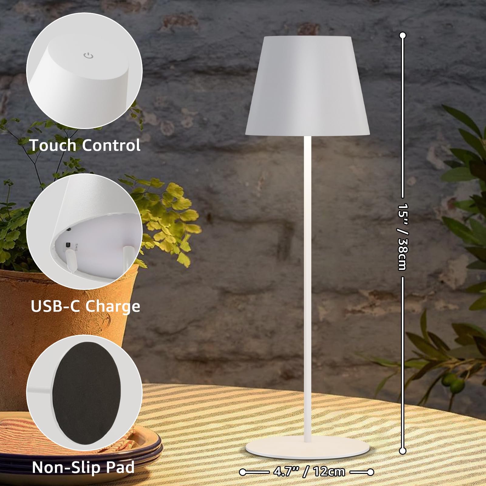 uuffoo Cordless Rechargeable Table Lamps, 5200mAh, 3 Colors Dimming, Small, White, 2 Pack, Model PBG-1238