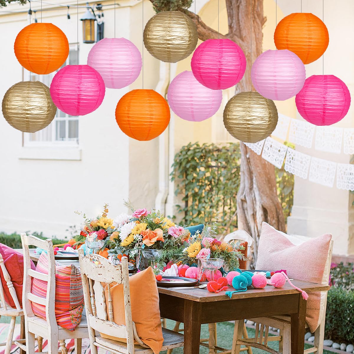 Yunxuan Paper Lanterns Gold White Round Hanging Chinese Lanterns For Wedding Birthday Party Boho Baby Shower Decorations Pack Of