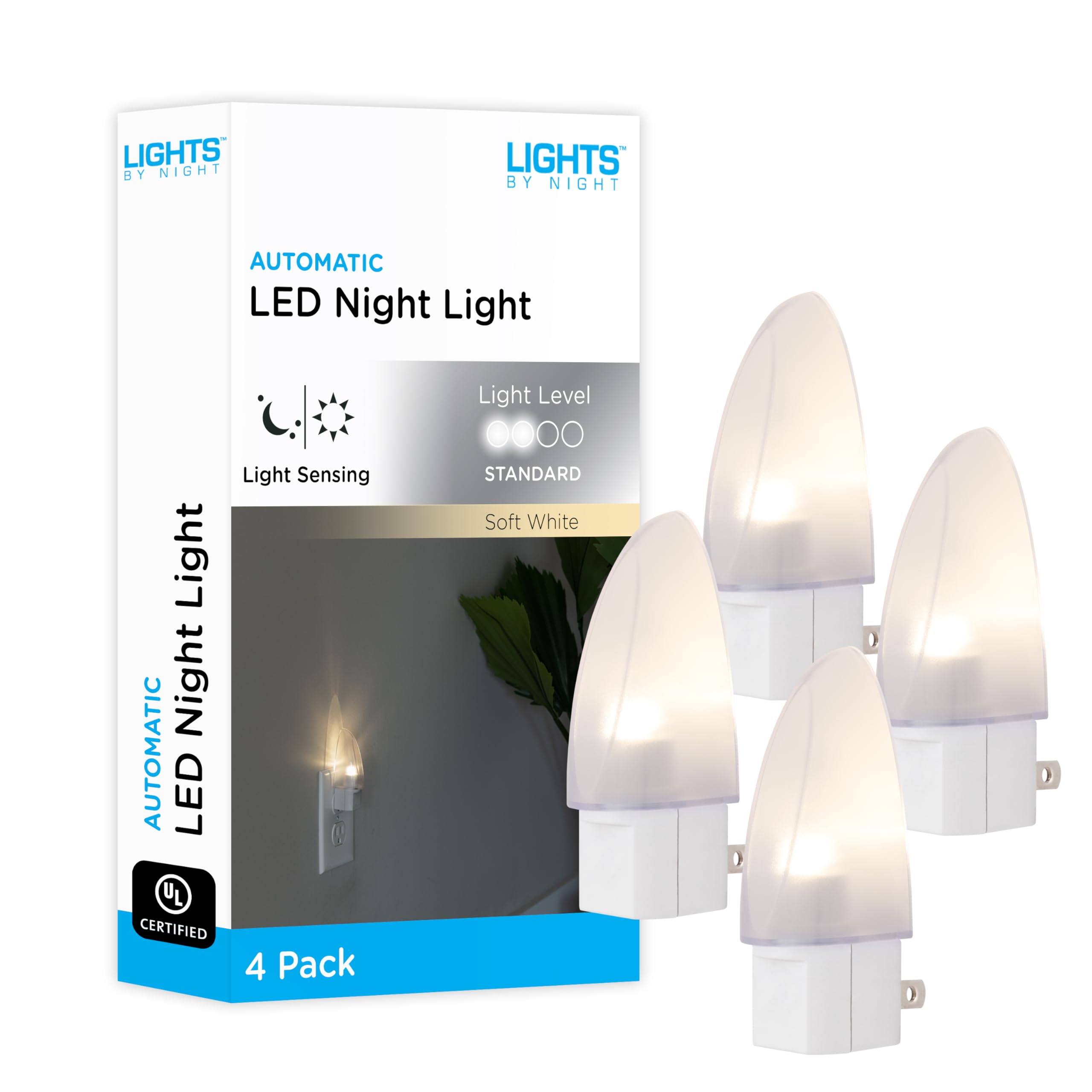 Lights by Night LED Night Light, Plug-in, Dusk to Dawn Sensor, Warm White, UL-Certified, Energy Efficient, Ideal Nightlight for 