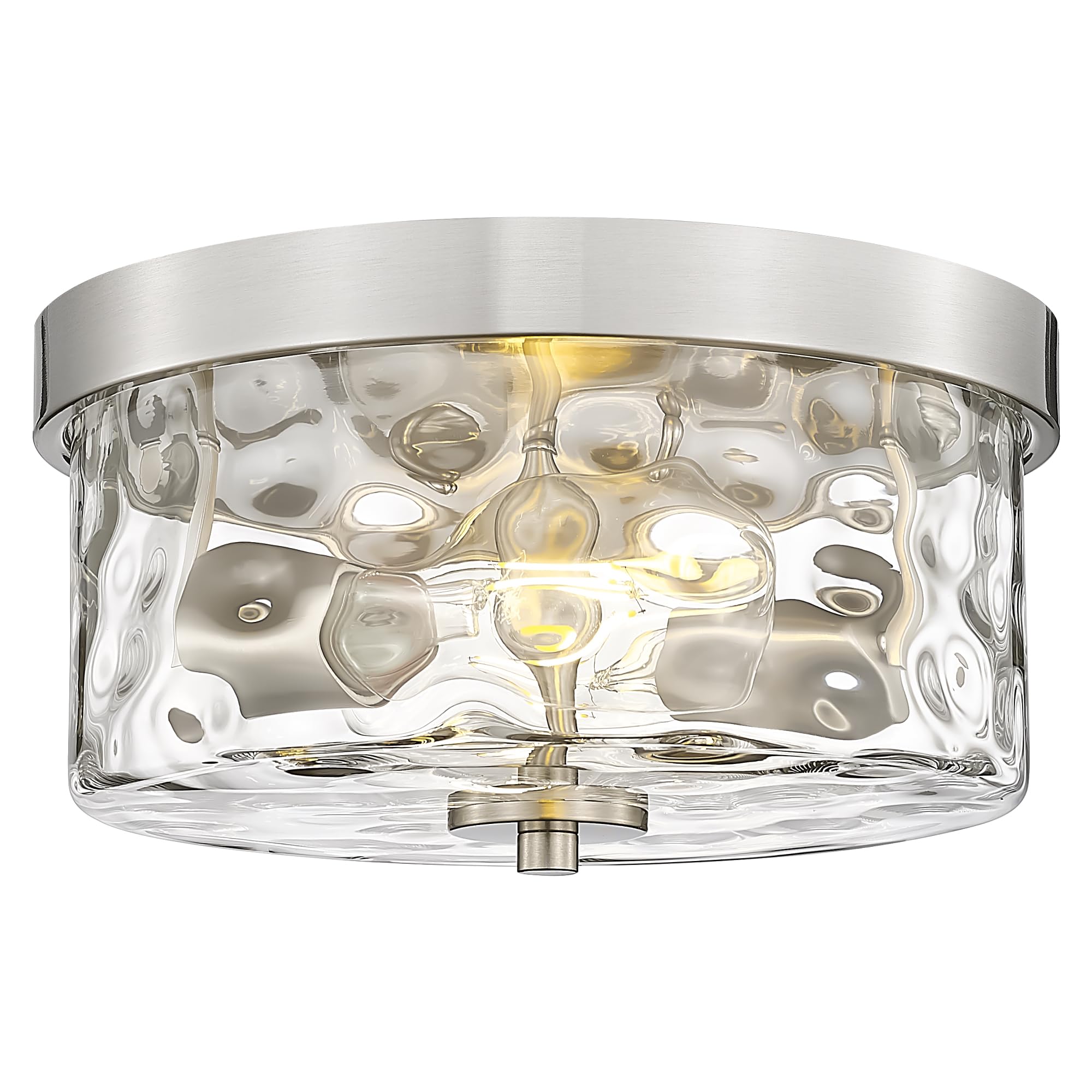 Emak 11&quot; Brushed Nickel Flush Mount Light Fixture With Hammered Glass Shade, 2-Light Ceiling Light