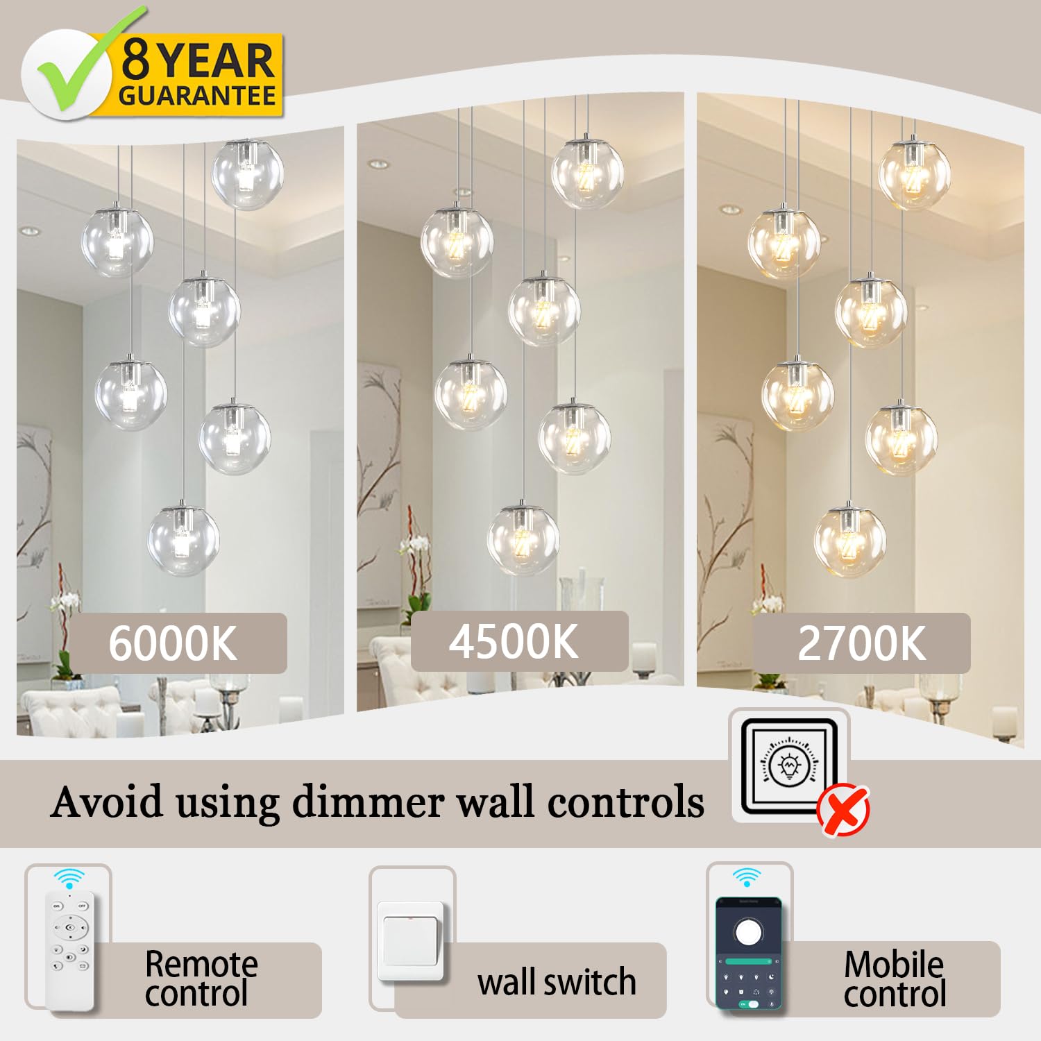 ykolupty Silver 6-Light LED Chandelier - Clear Glass Balls, Dimmable Pendant Lights for High Ceilings, Modern Entryway Lighting