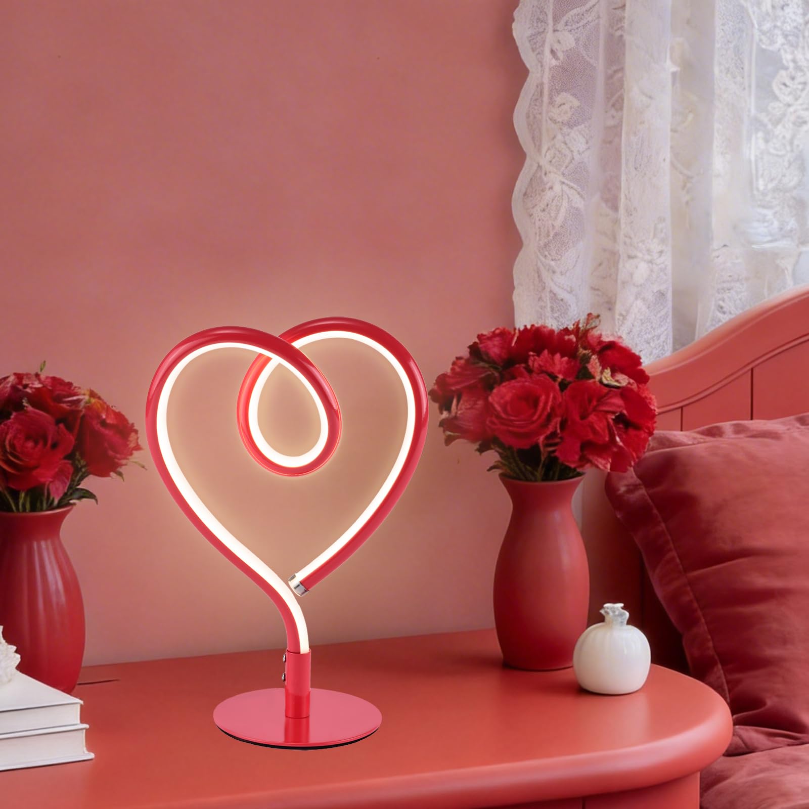 SendaLife Red Table Lamp - 3CCT 2700K 4000K 6500K Stepless Dimmable Heart Lamp  Touch Control Aluminum Bedside Lamps with USB Adapter  for Bedroom Girls Room Nightstand Desk