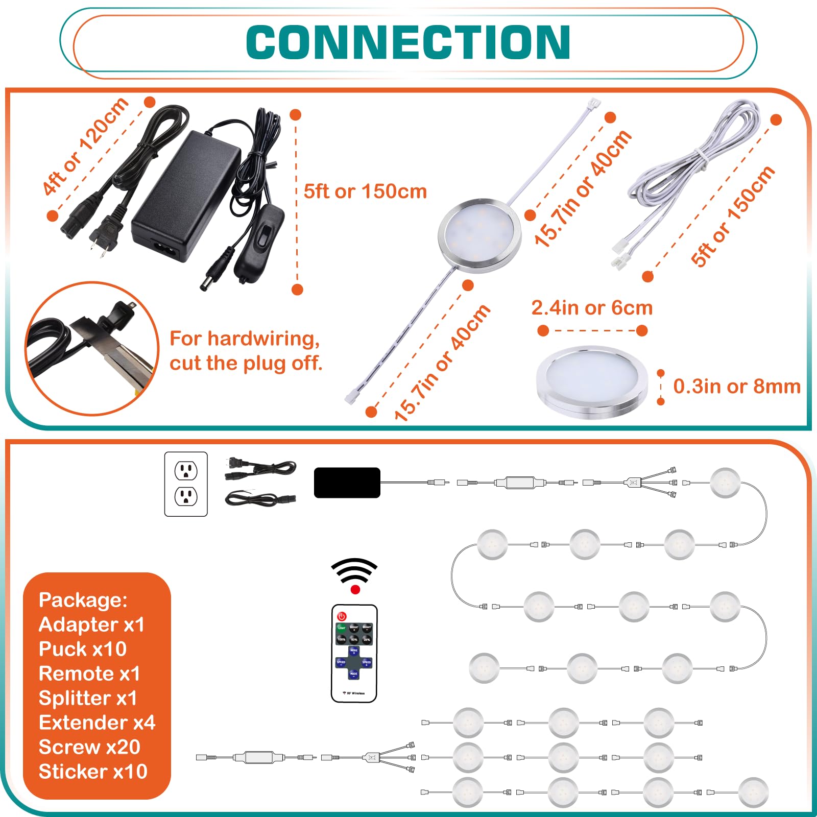 Lvyinyin Under Bar Lighting Kit, 120V LED Puck Lights, Dimmable, Wireless RF Remote, Daylight, Model LYY-HI-009-05, 10 Lights
