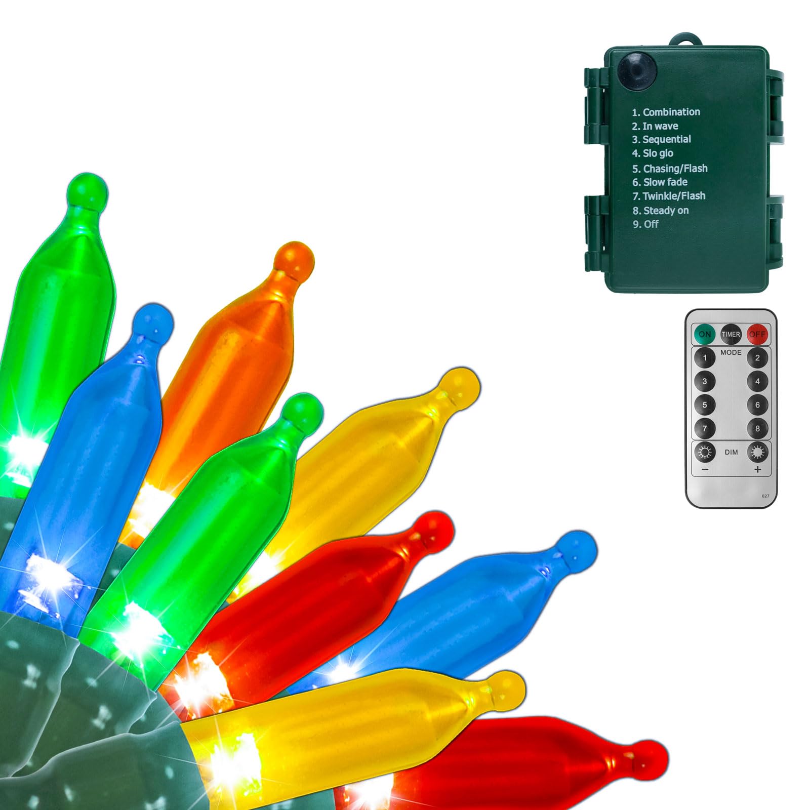 Filltown Battery Operated Christmas Lights, 33Ft 100 LED, Multicolor, Green Wire, Auto Timer, 8 Modes, Remote Control