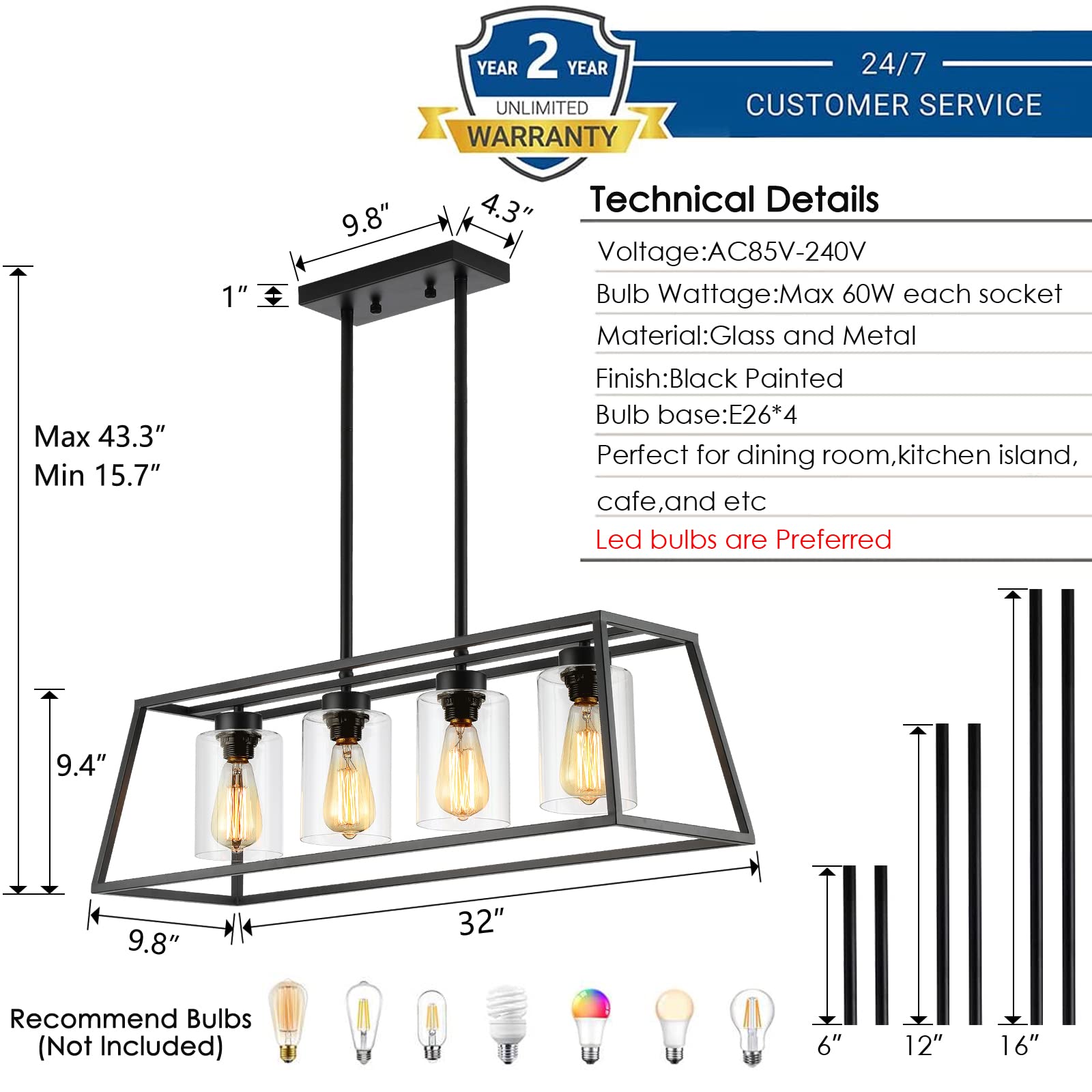 Senyshilon Black Farmhouse Chandelier, 4-Light Linear Pendant Lamp, Glass Shade, Kitchen Island Light Fixture, Model S8833-L4 1