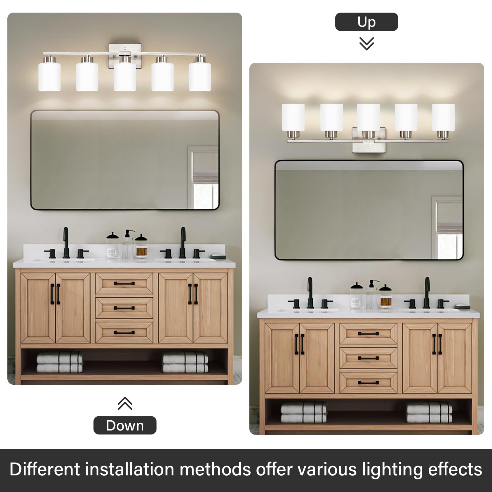 Fonmyim Brushed Nickel Bathroom Light Fixtures, 5-Light Modern Vanity Light Over Mirror, Wall Sconces With Milky White Frosted G