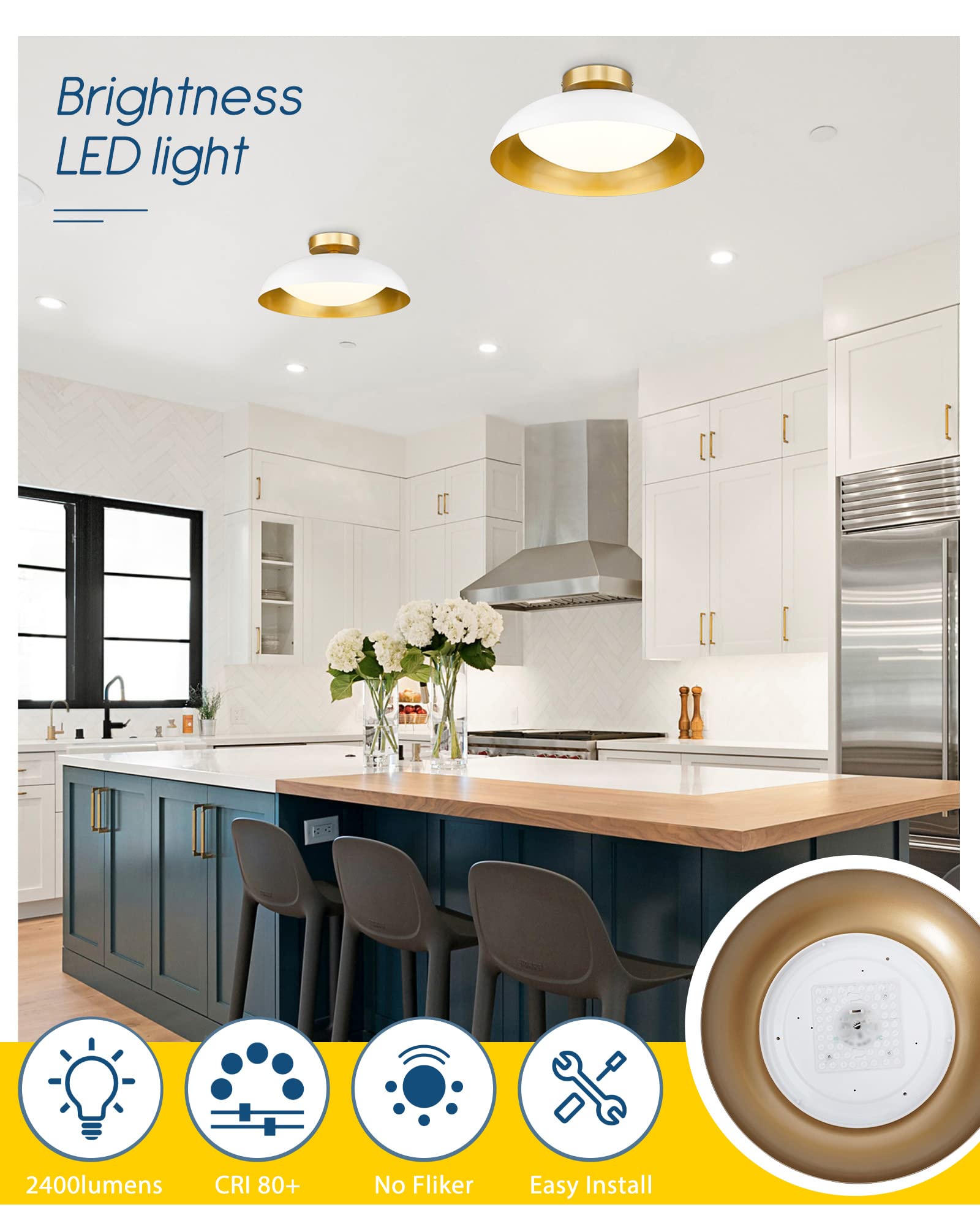 Kudos Flush Mount Light Fixture, 16-Inch Led Ceiling Light Fixture, White And Gold Finish, 24W 2400Lm Light Fixtures For Living Room, Kitchen, Bedroom, Hallway, 5Cct, Kdcl02-Wt