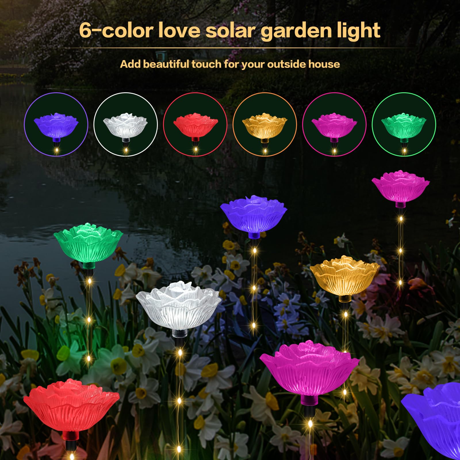 Behiller 6-Pack Solar Garden Lights, Waterproof Multicolor Rose Flower Decor For Christmas & Gifts