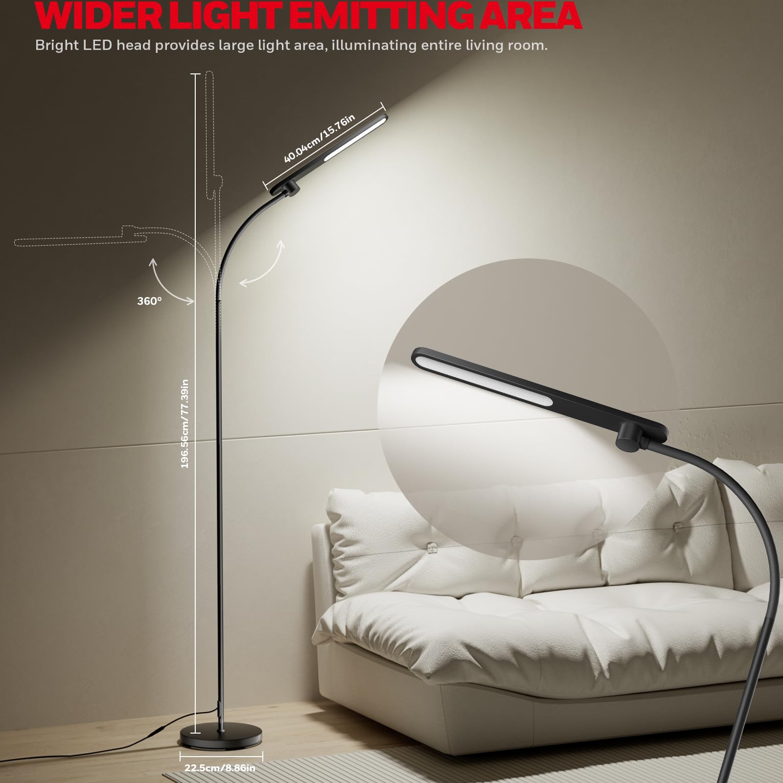 Honeywell LED Floor Lamp F4 Sunturalux Gooseneck Black Modern Dimmable Reading Light for Living Room Bedroom Office