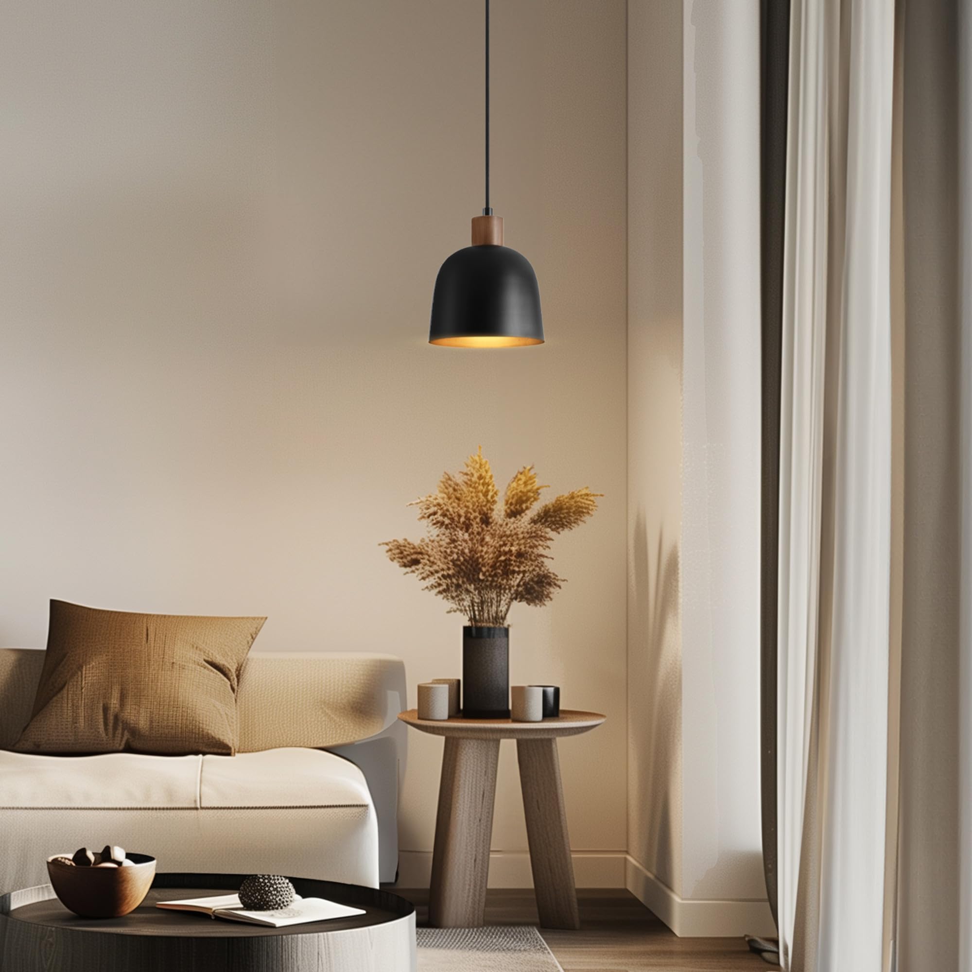 Globe Electric 67000193 1-Light Pendant Lighting, Matte Black, Wood-Toned Accent On Socket, 5Ft Black Fabric Cord, Home Improvem