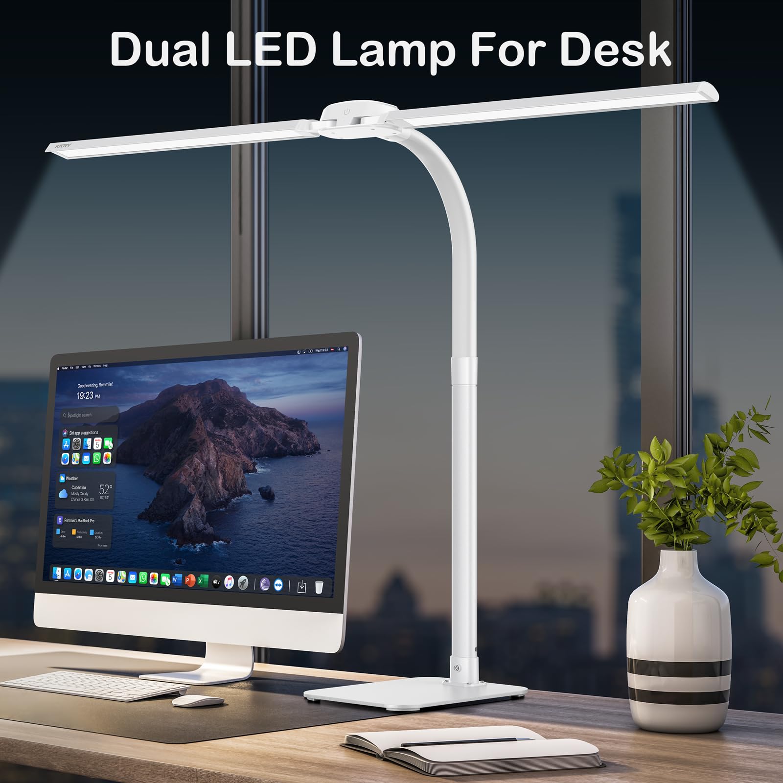 Kary Desk Lamp - 24W LED with USB Charging, Adjustable Gooseneck, 5 Color Modes, White, Model KX02D