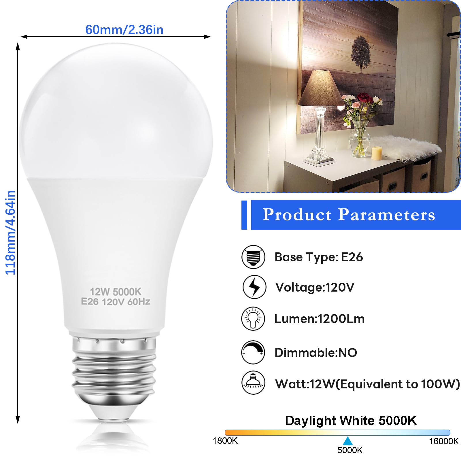 Upwatt A19 Led Bulbs  E26 Led Light Bulbs -12W (100W Equivalent)  Non-Dimmable  Daylight 5000K  Bright White For Home Lighting (Pack Of 4)