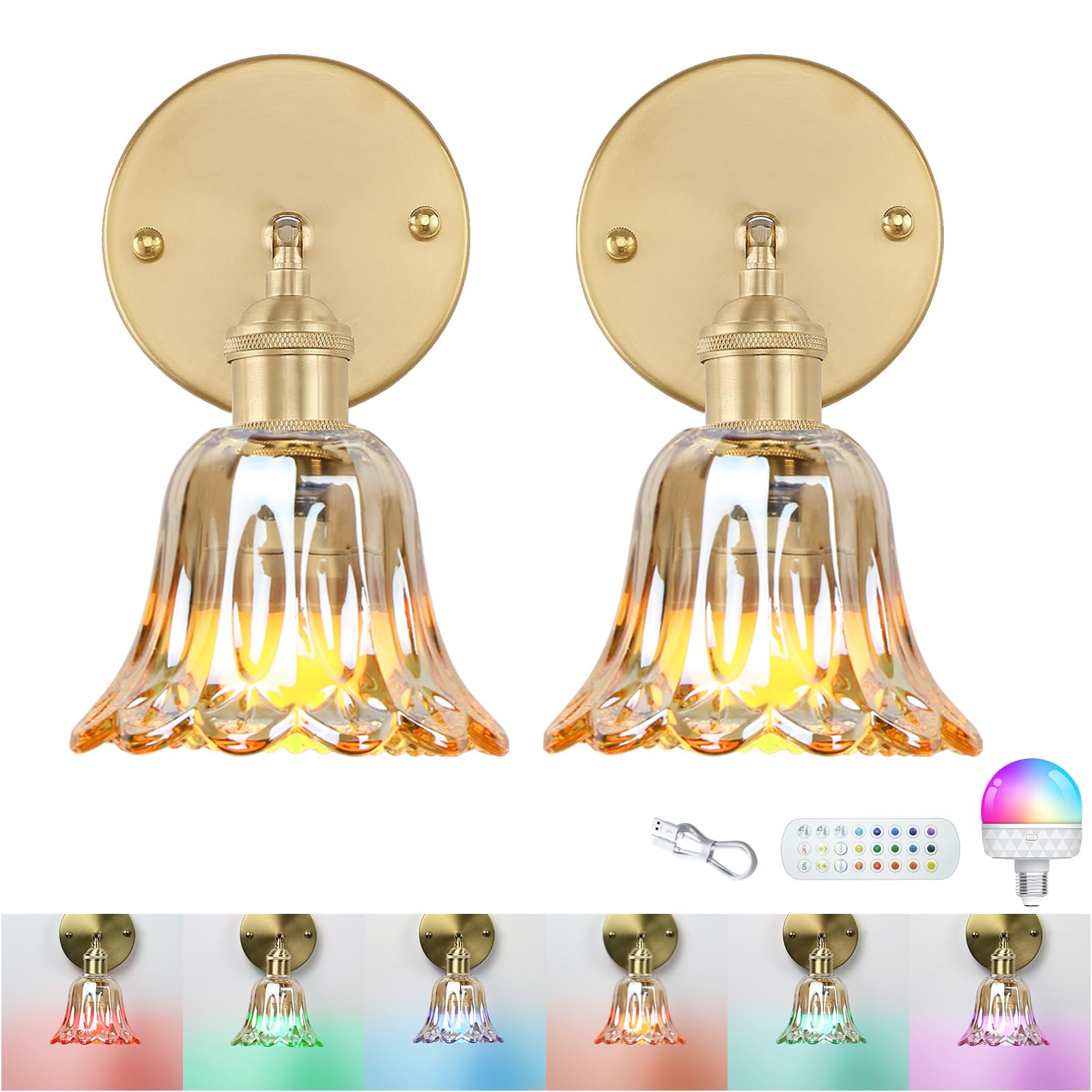 GEEZO Vintage Battery Operated Wall Sconce, Rechargeable, Remote Control, 2 Pack, Pineapple Amber, Model GEEZO-Y-3
