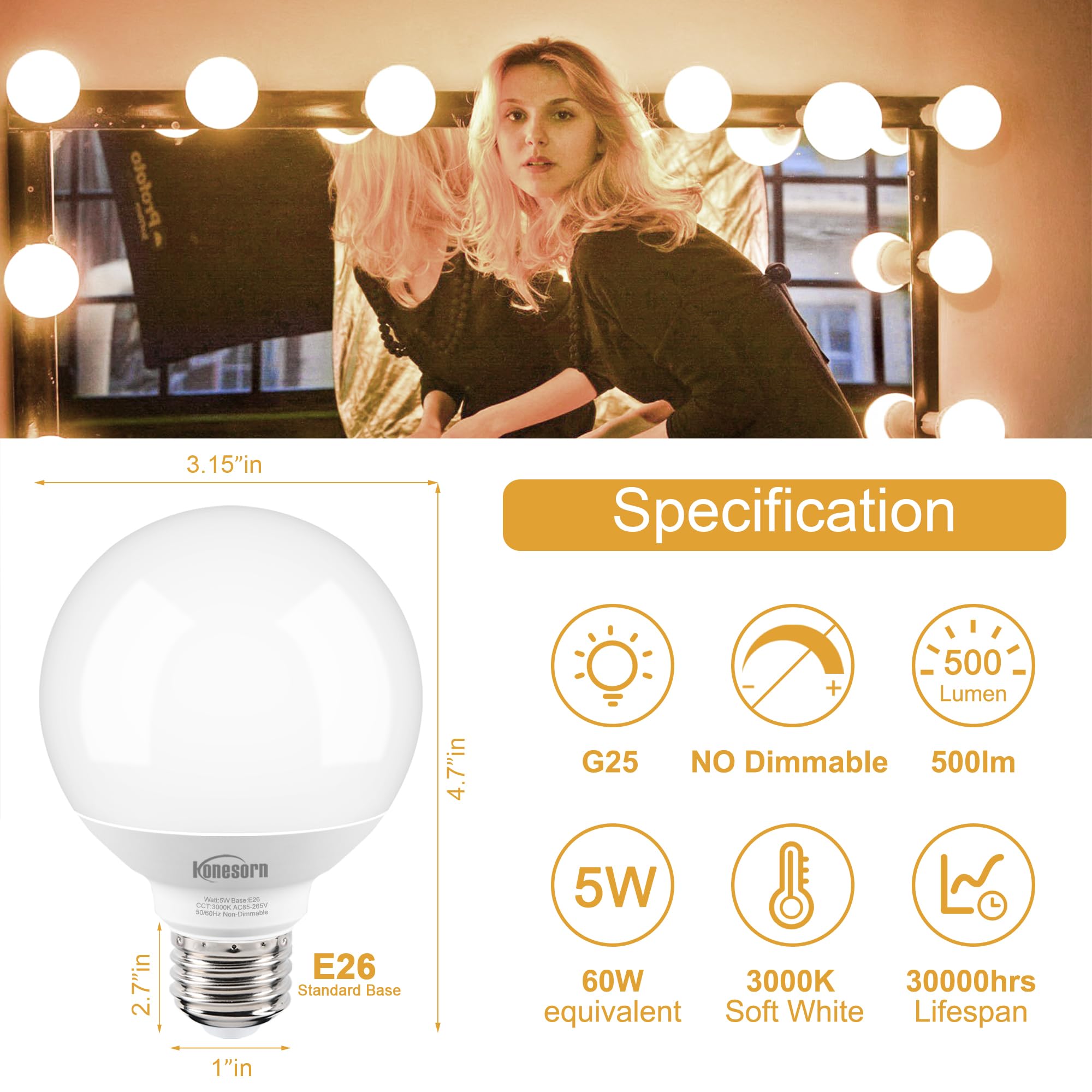 Honesorn G25 Globe LED Light Bulbs 60W Equivalent 3000K Soft White 5W 500LM Non-dimmable 4 Pack