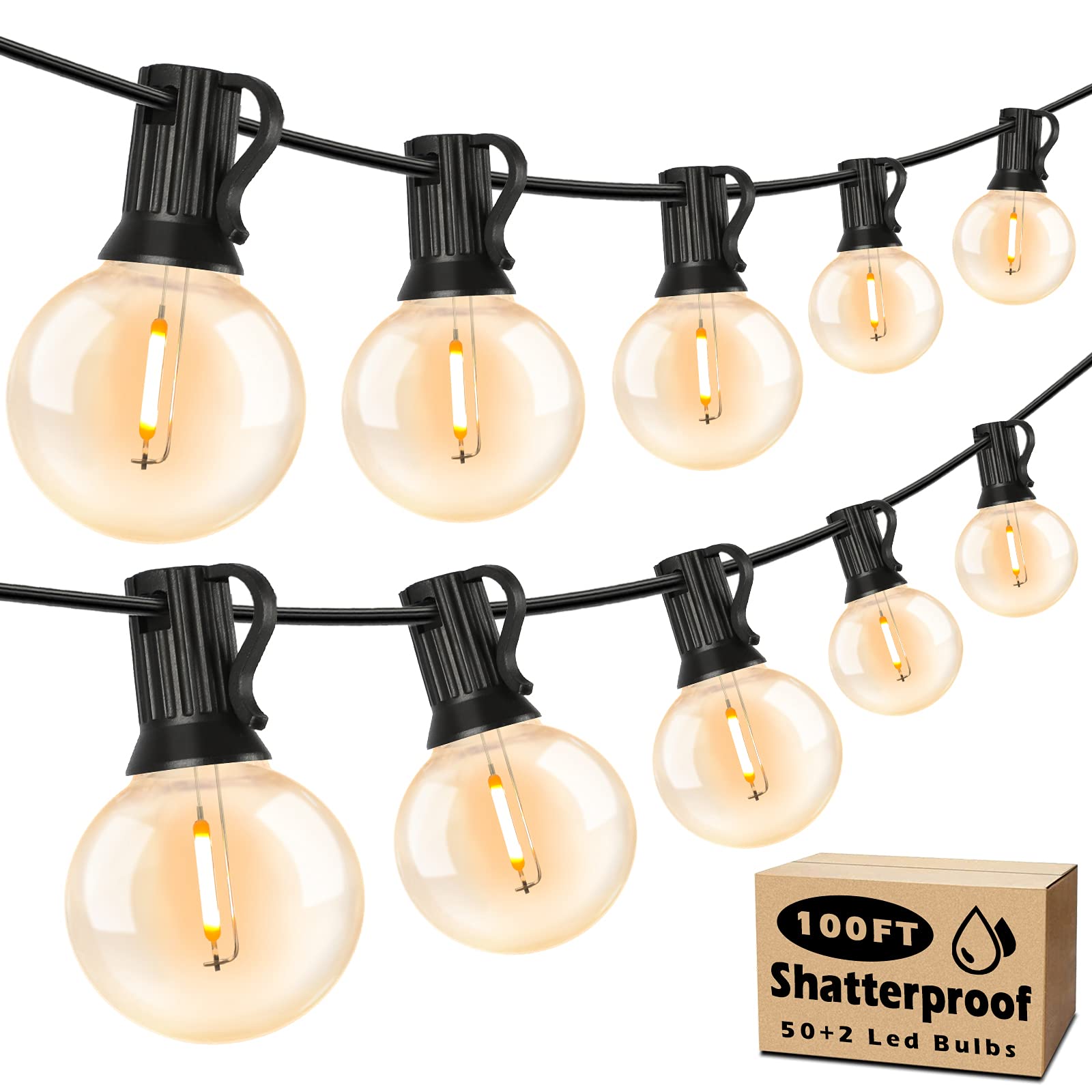 Brightever G40 LED Globe String Lights 100FT Waterproof Dimmable Shatterproof, Clear/Black, Model YGL-KE-05