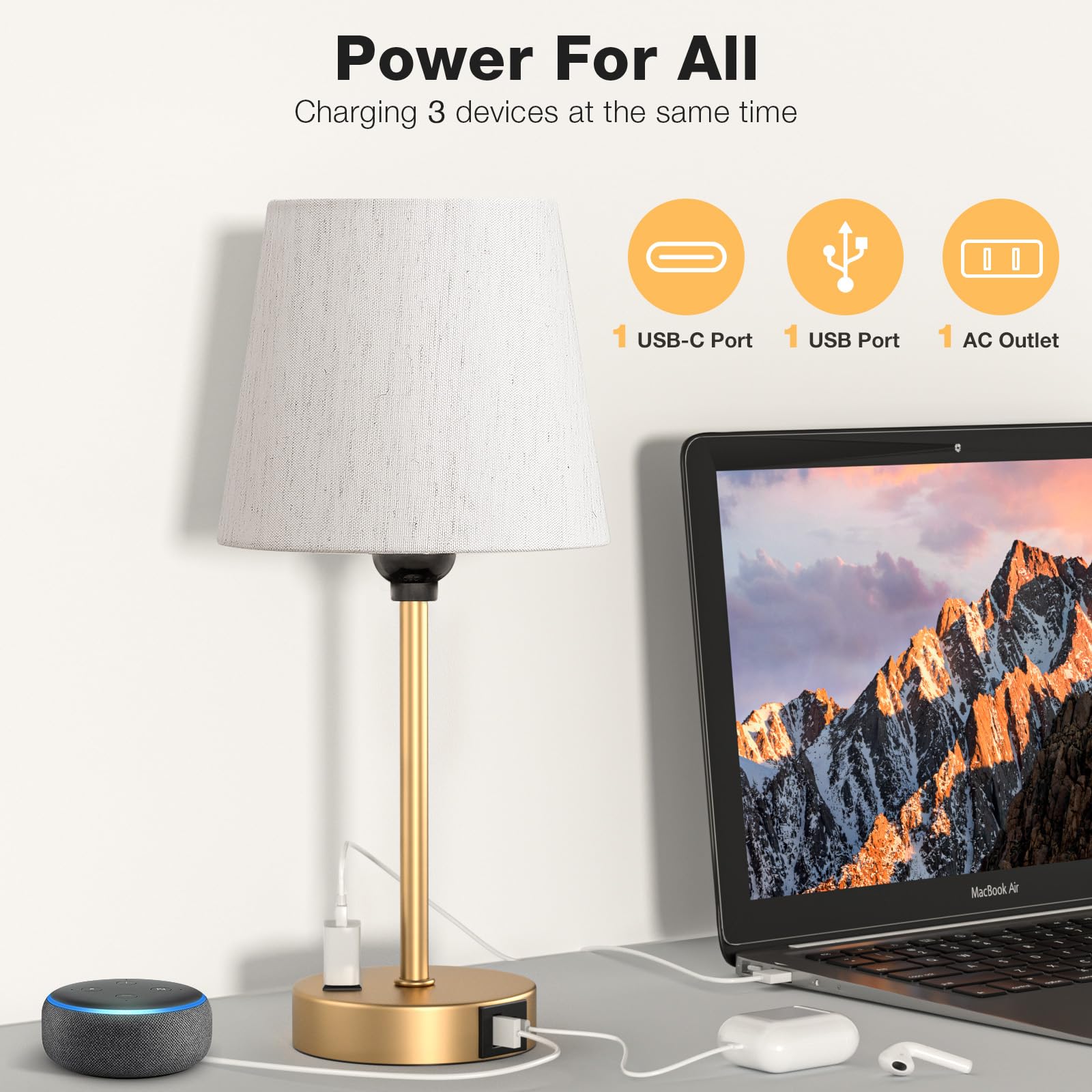 Acaxin Lamp For Bedrooms Set Of 2 - Nightstand Bedroom Lamp With Usb C Port And Ac Outlet Charging, 3 Way Dimmable Touch Control