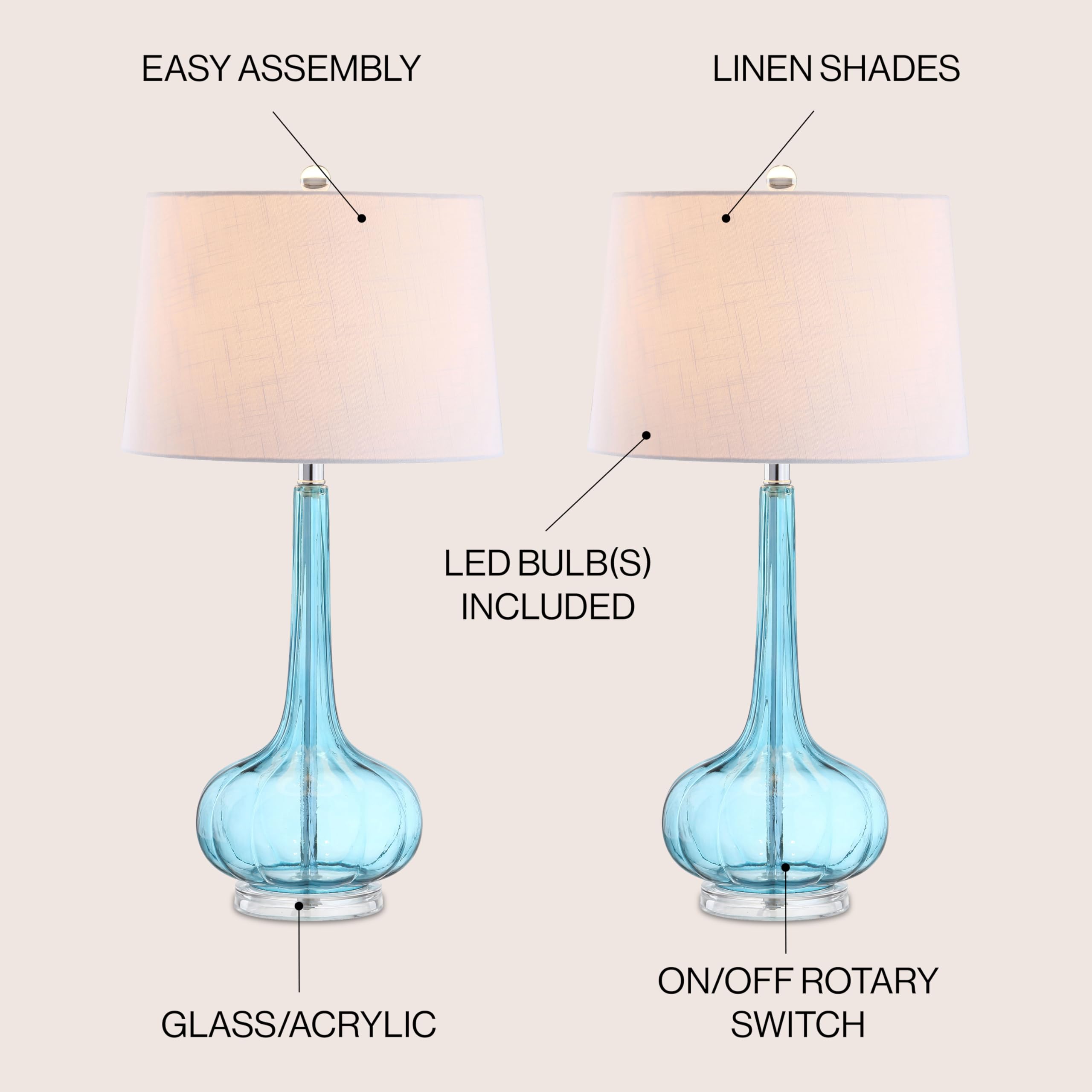 JONATHAN Y Table Lamps Set of 2, 28.5in Glass Teardrop LED, Aqua, Model JYL1079B-SET2, Contemporary Design for Bedroom, Living