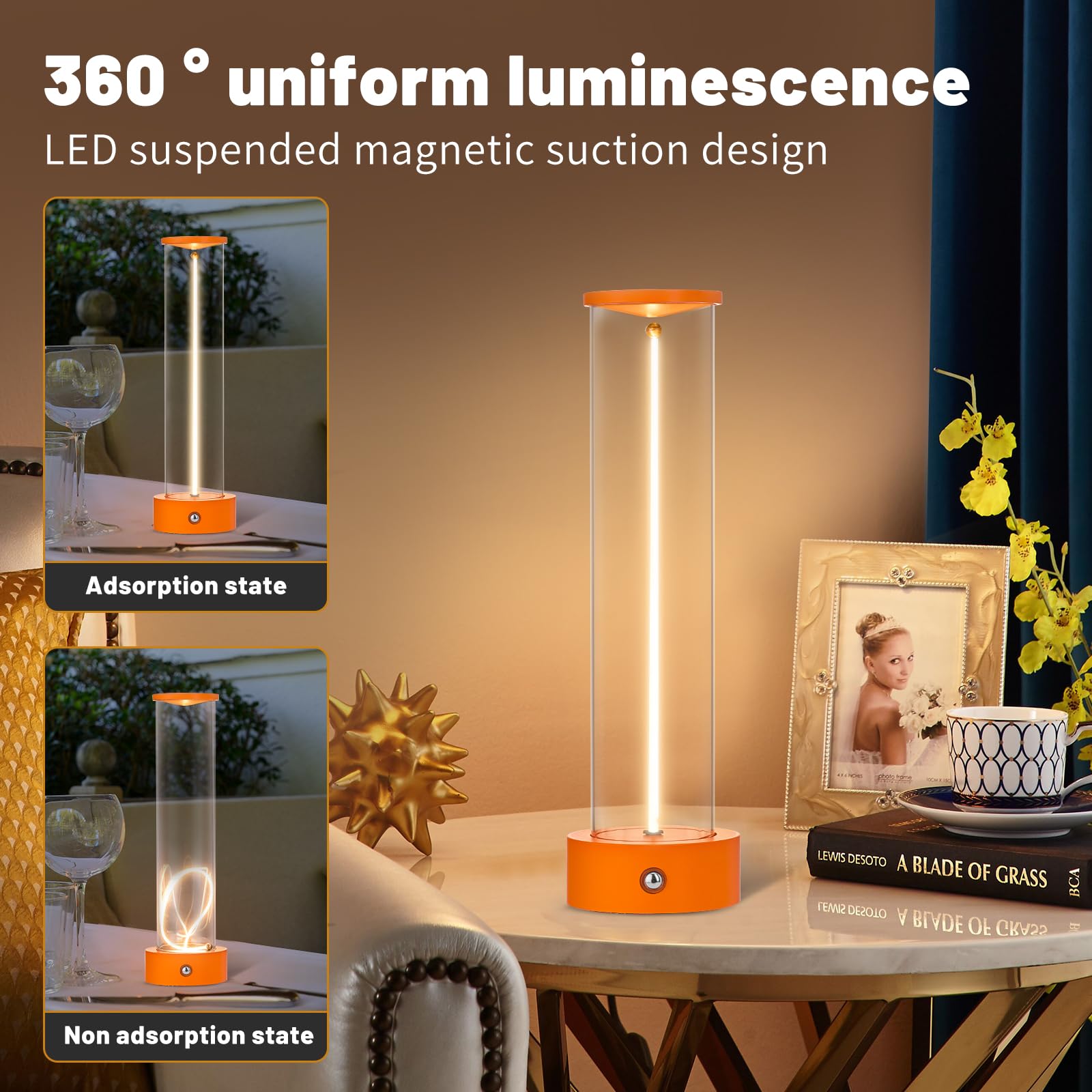baishezhuan Cordless LED Table Lamp, Rechargeable, Touch Sensor, Dimmable, Model C-002, Orange