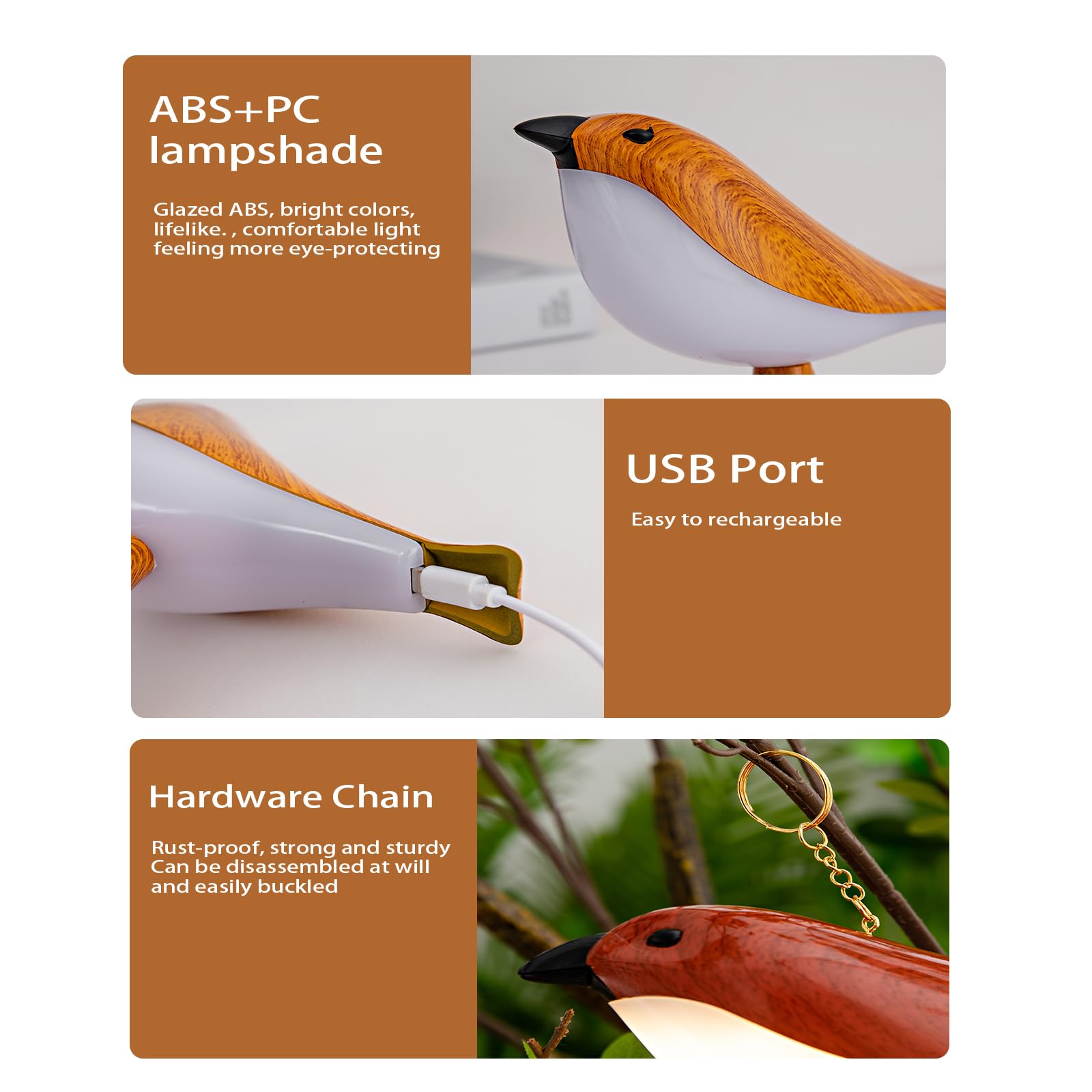 THOEWONG Small Bird Desk Lamp, Rechargeable, 3 Color Temperatures, Remote Control, Battery Operated, Wood Color, Model bird01