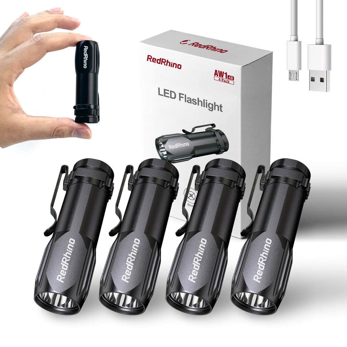 Redrhino Small Led Flashlight 4 Pack, Rechargeable Edc Compact Pocket Lights, 400 Lumens Mini Flash Light With Clip, Bright Little Flashlights For Home, Emergency, Camping, Outdoor 4B