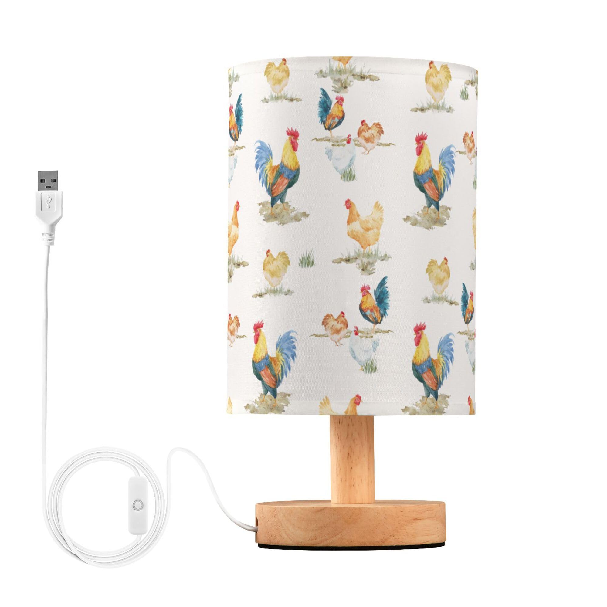 YYZZH Table Lamp Watercolor Chicken Rooster Hen Rustic Farm Animal Pattern Nightstand Lamp with Wood Base Fabric Lamp Shade Beds