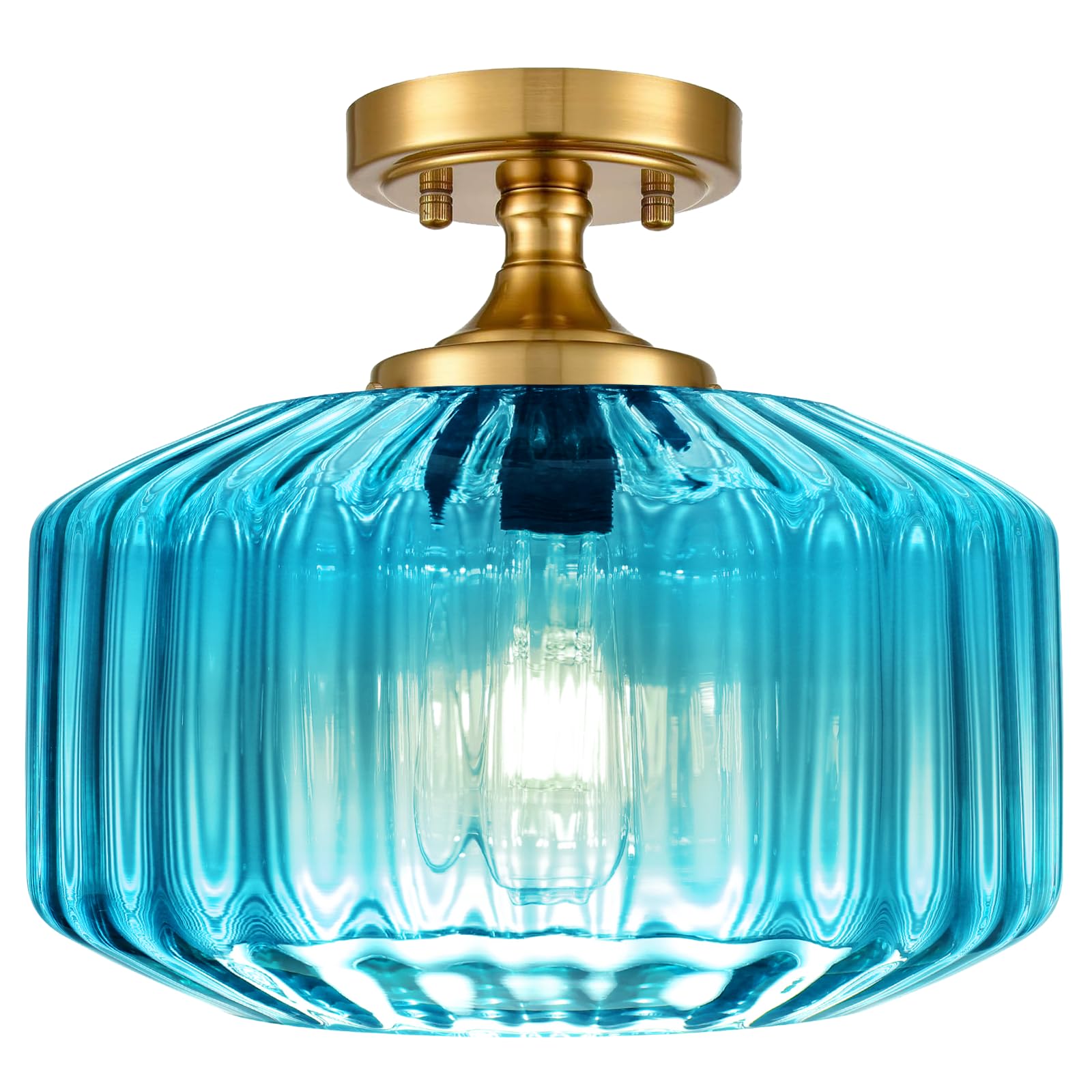 Qepeety Blue Glass Flush Mount Ceiling Light  11.02 Vintage Gold Chandelier Hallway Lights Fixture  Modern Close To Ceiling Lighting For Bathroom Bedroom  Compatible With E26 Bulb (Bulb Not Included)