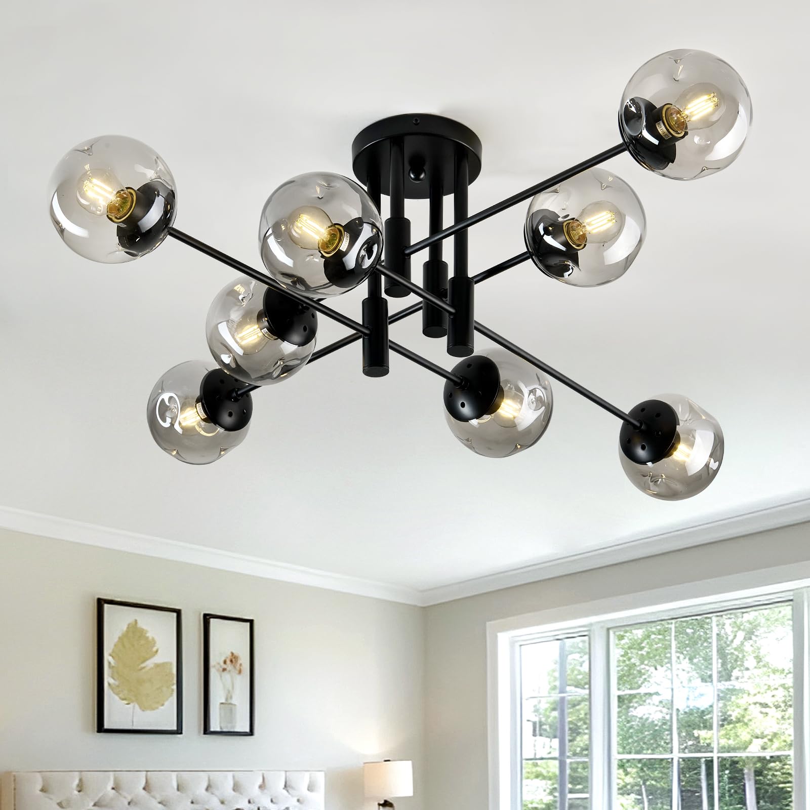 Szxykeji 8 Light Glass Globe Ceiling Light Black Mid Century Flush Mount Sputnik Light Fixture Bubble Chandelier Living Room Far