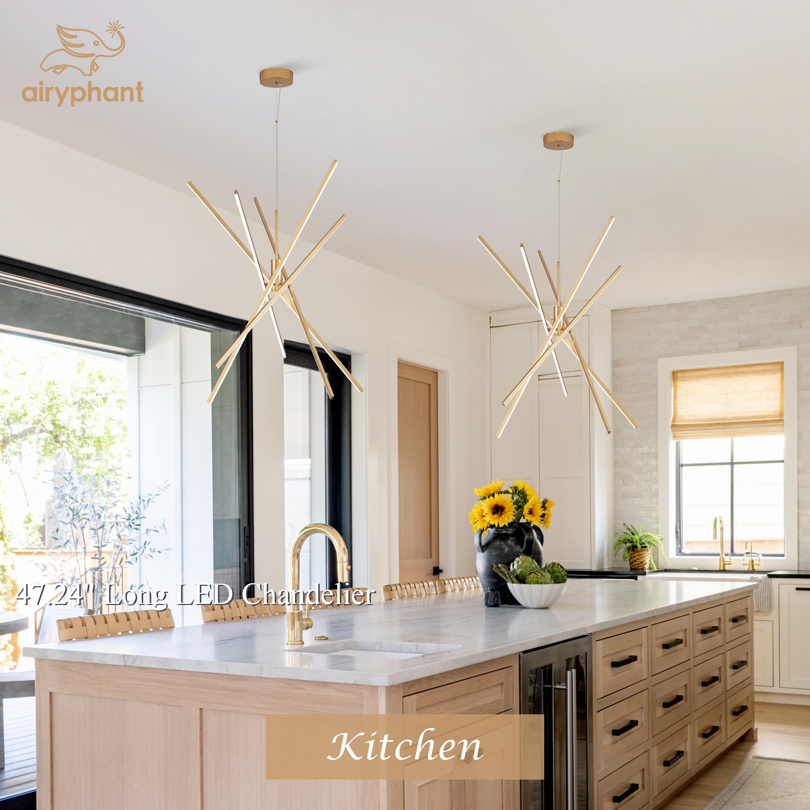 AIRYPHANT Gold Chandelier - 47" Modern Remote Control Light Fixture for High Ceilings, 5 Lights, Metal Design, Perfect for Living Room or Foyer