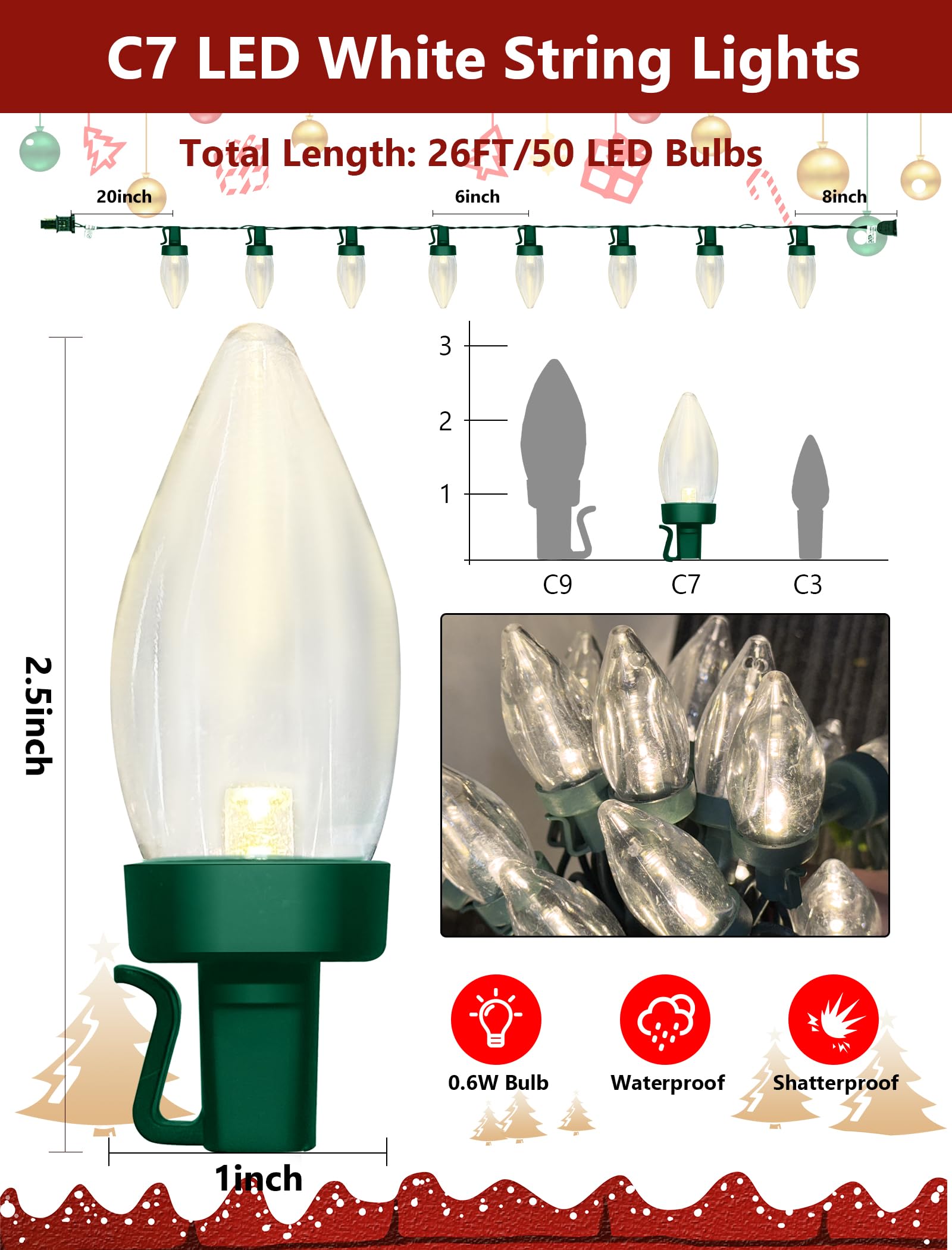 C7 Led Christmas Lights Outdoor  26Ft Outdoor String Lights Plug In With 50 C7 Warm White Bulbs  Vintage Christmas Lights Waterproof For Indoor Holiday Patio Roofline Xmas Tree Party Decorations