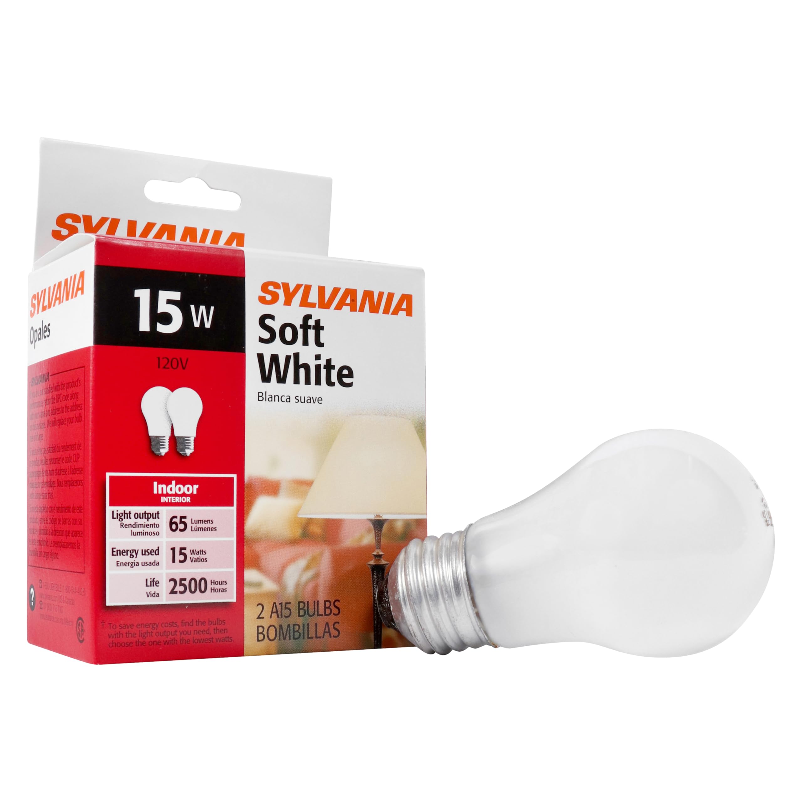 LEDVANCE SYLVANIA 15W Incandescent Appliance Light Bulb, Dimmable, Soft White, 2 Pack, Frosted, Model 10015