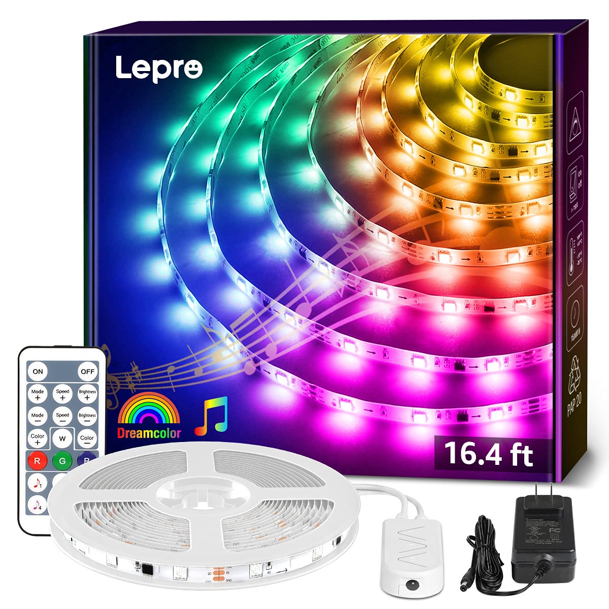 Lepro LED Strip Lights 65.6ft RGB 5050 Music Sync with Remote, Vinyl, Model PR410096-RGB-WP-US