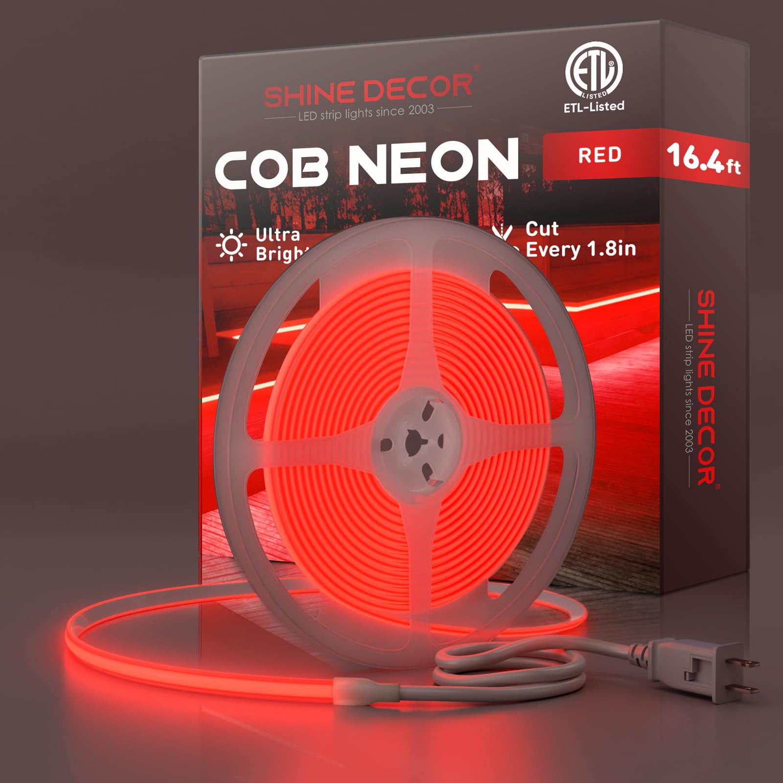 Shine Decor Cob Led Rope Light Ac 120V  800Lm Ultra Bright  Ip65 Waterproof Cold-Resistant Etl Neon Strip  No Driver Tape Lighting For Home Commercial 10X4.5Mm  Red  16.4Ft