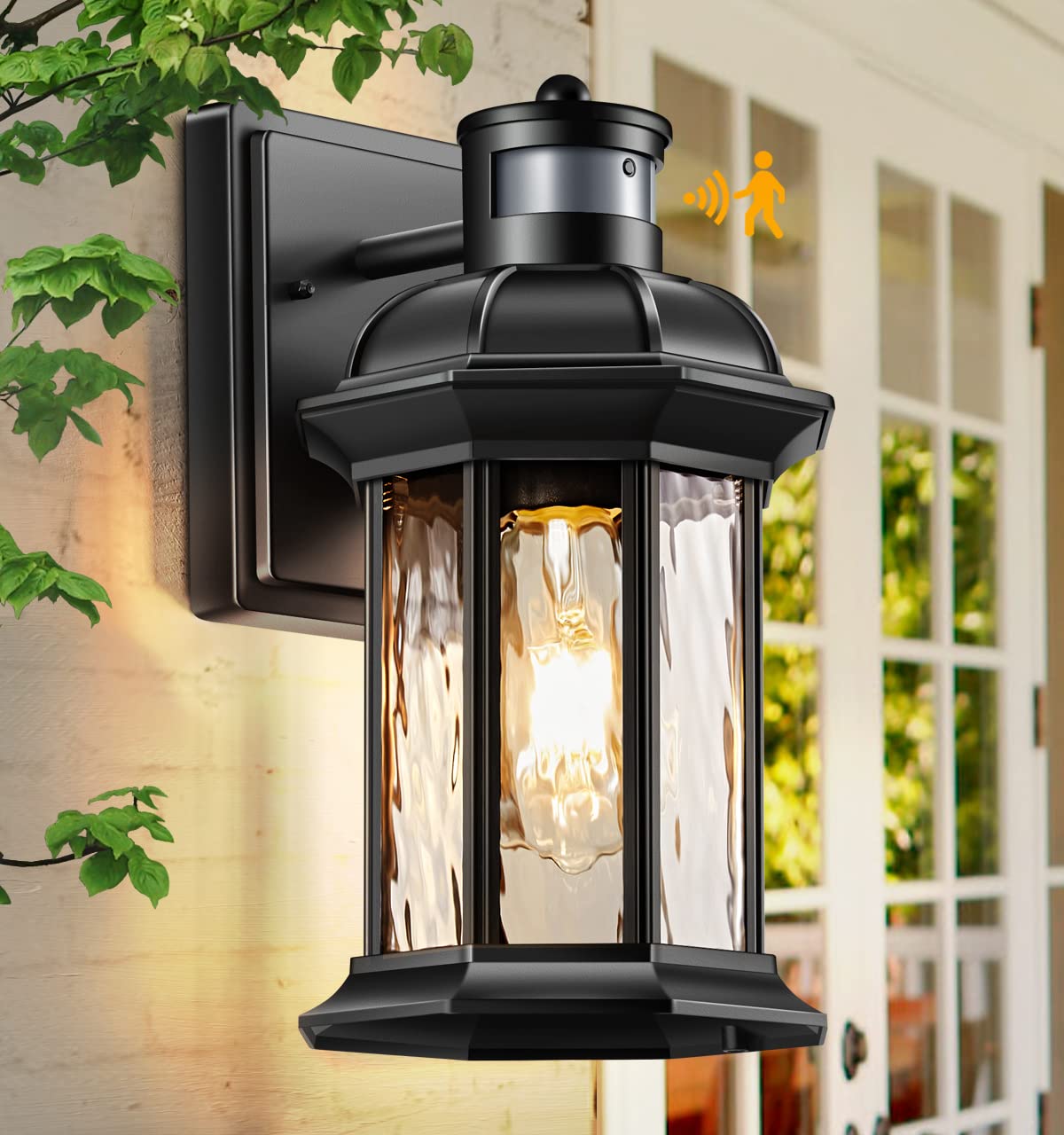 VIANIS Motion Sensor Outdoor Porch Light, Black Aluminum Waterproof Wall Lantern, Model V81101, 1-Pack
