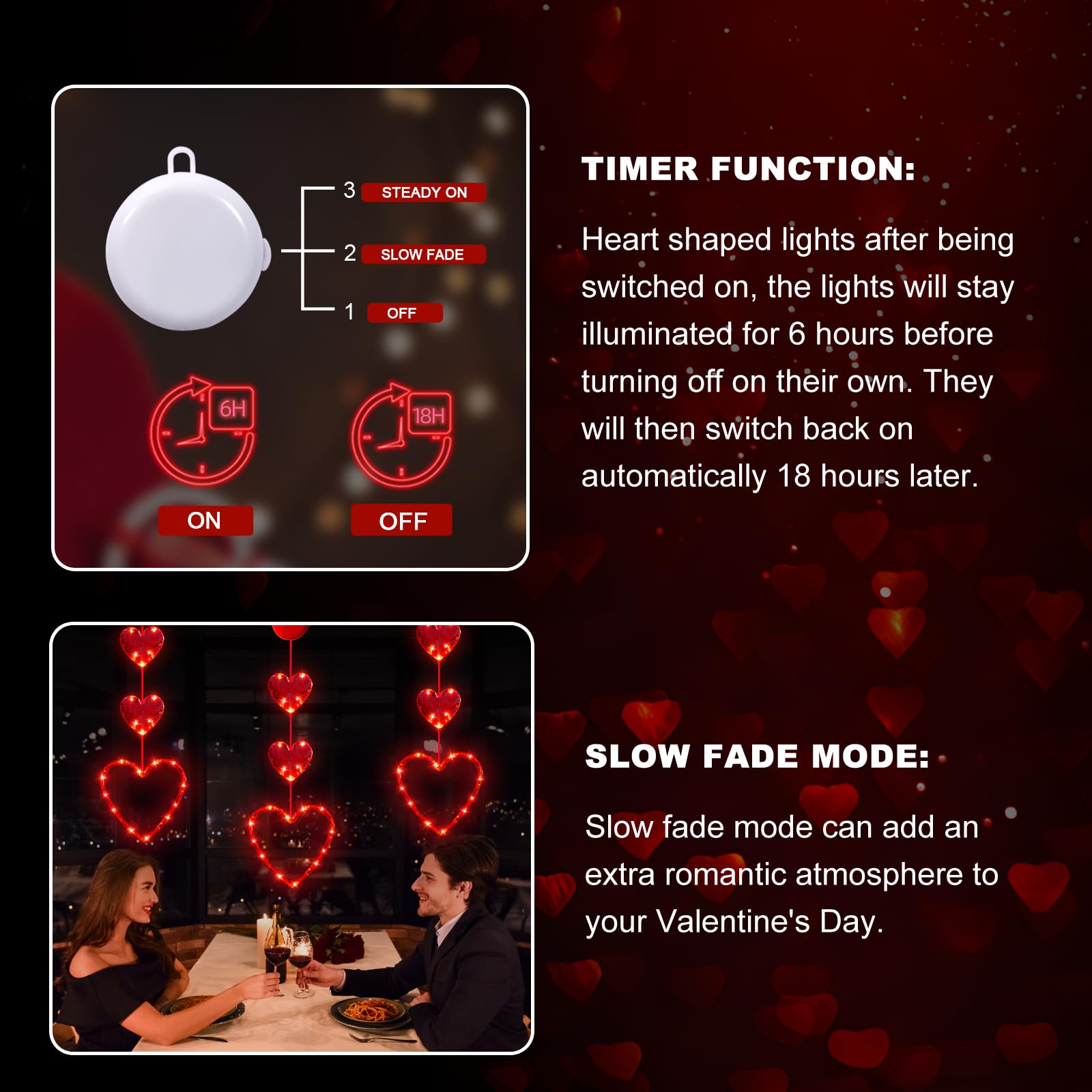 LYUBASA 3 Pack Valentines Day Window Lights Decorations with Timer, Battery Powered Hanging Red Lighted Heart Shaped Silhouette