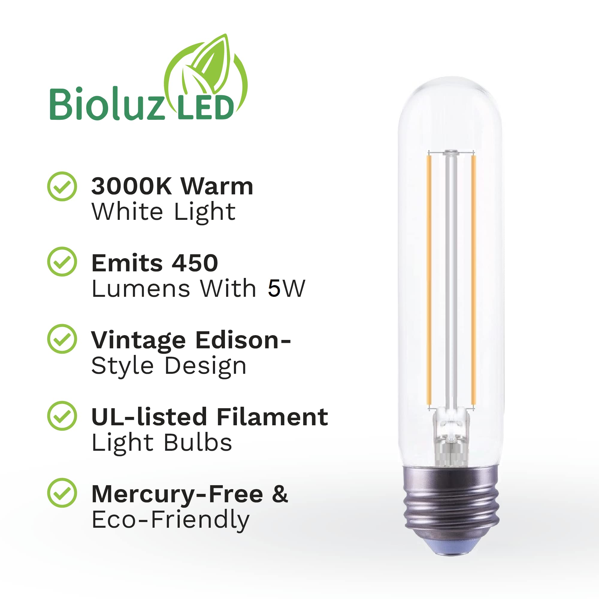 Bioluz LED T10 Edison Bulbs 5W 40W Equivalent Dimmable Soft White 3000K Glass 12 Pack UL Listed