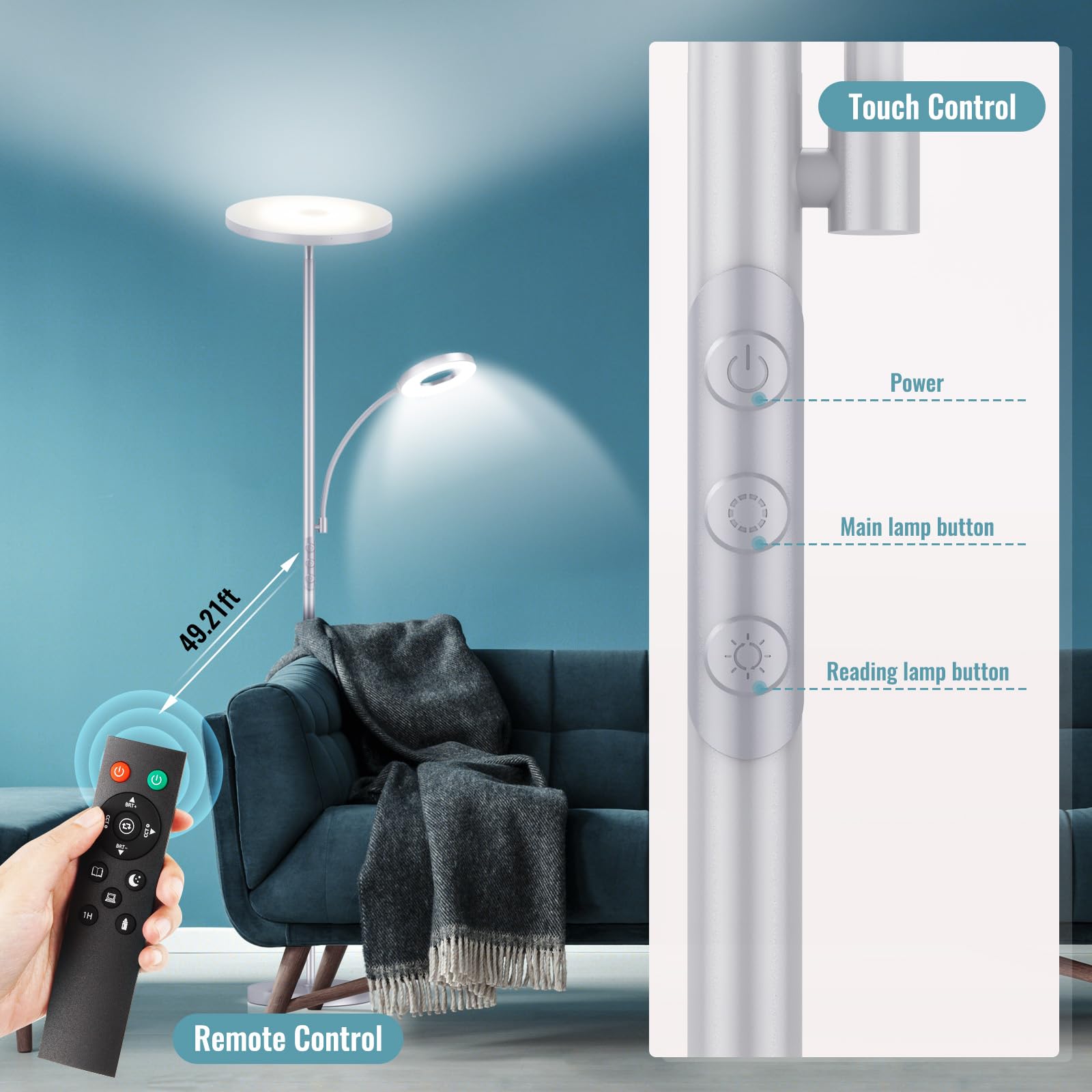 marctronic Silver Gray Floor Lamp, 42W LED, 4000LM, Dimmable with Remote & Touch Control, Model MTUS-FL42E-RM02-Grey